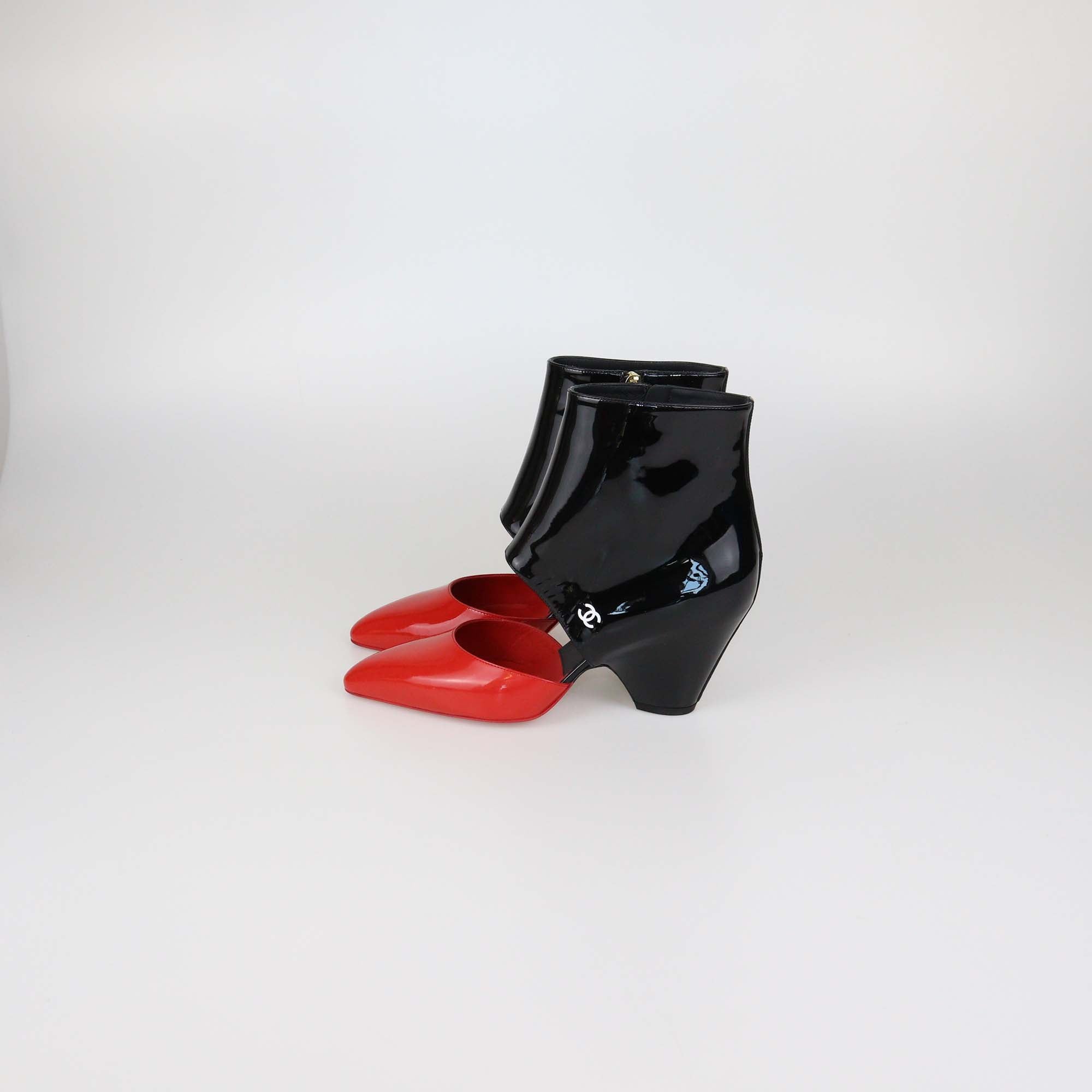 Chanel Black/Red Patent Leather Cut Out Ankle Boots