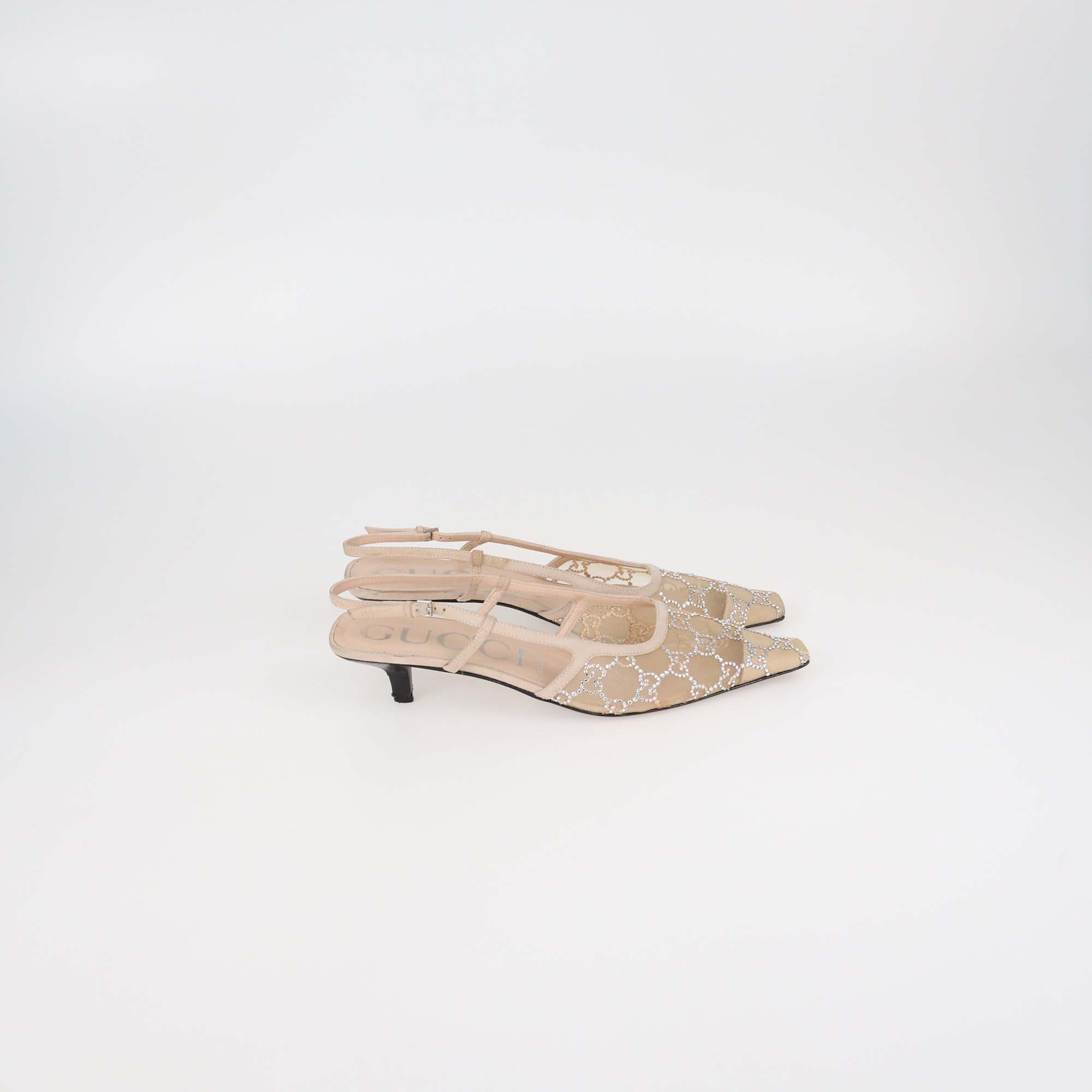Gucci Cream Mesh And Suede GG Logo Accents Slingback Pumps
