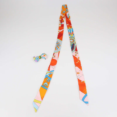 Hermes Multicolor Silk Printed Twillon & Bow Set