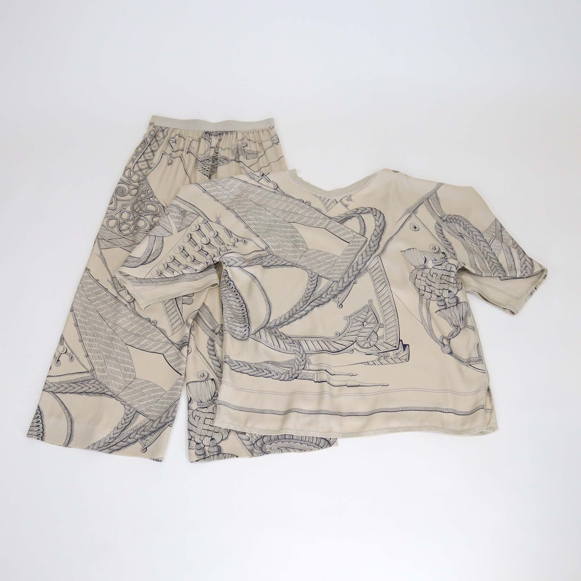 Hermes Beige/Navy Blue Vintage Rope Print Long Sleeve Loose Shirt & Pants Set Womens Hermes 