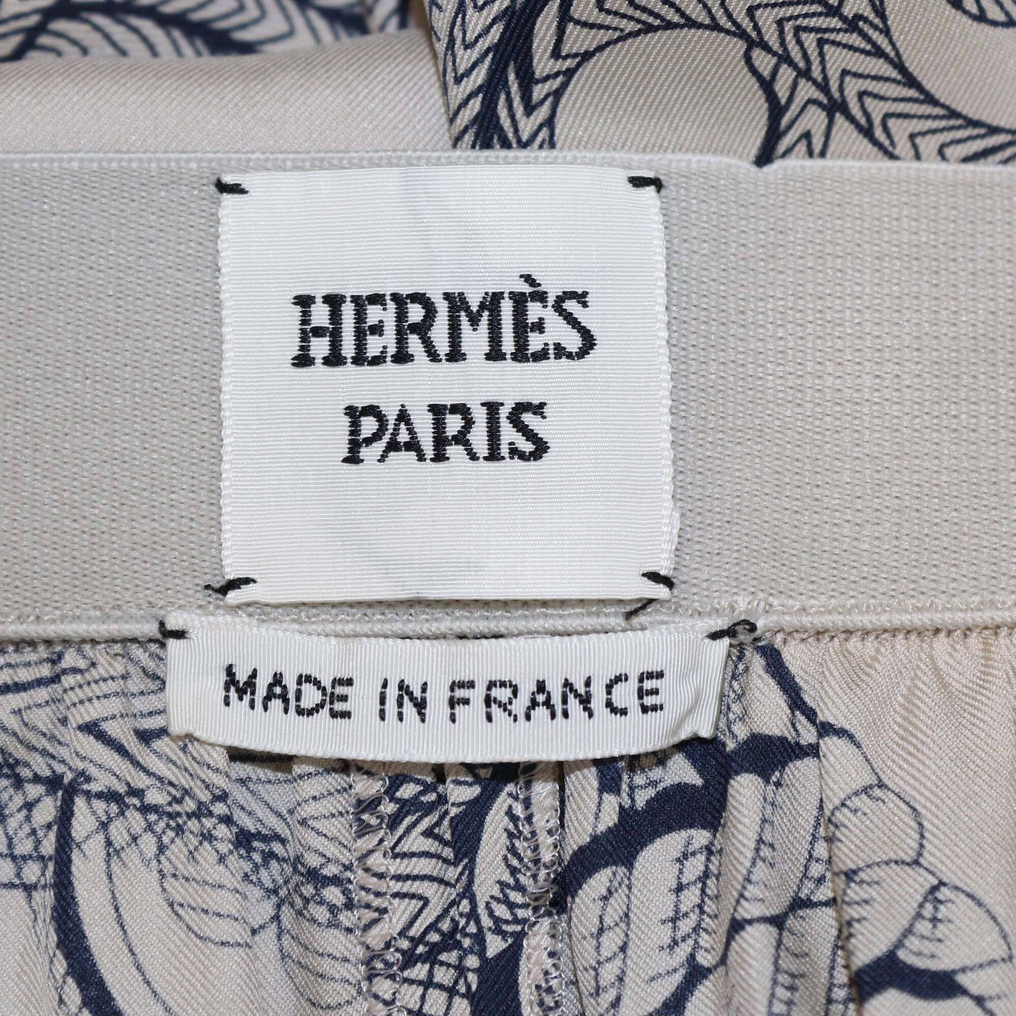 Hermes Beige/Navy Blue Vintage Rope Print Long Sleeve Loose Shirt & Pants Set Womens Hermes 