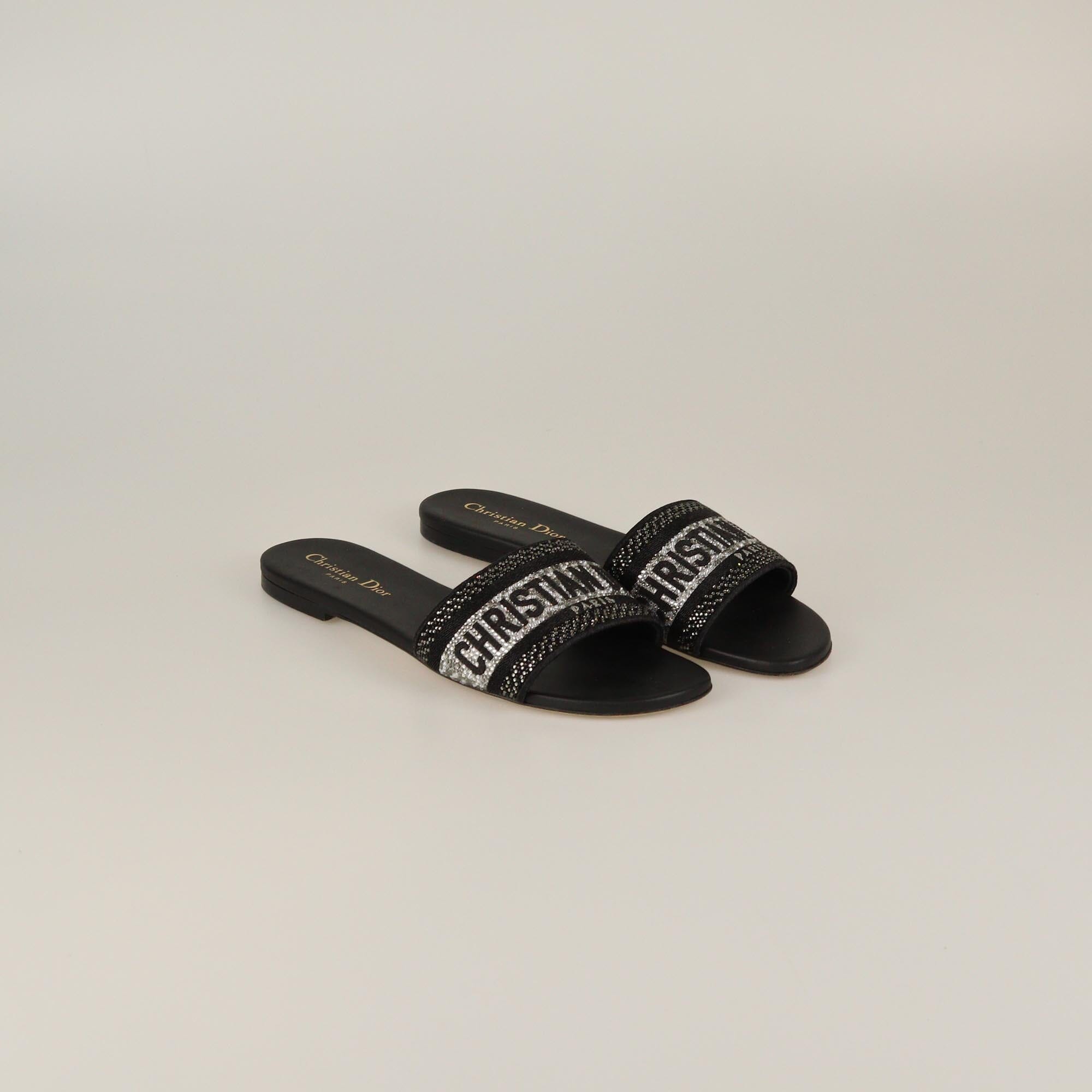 Christian Dior Black Crystal Embellished Dway Flat Slides Womens Christian Dior 