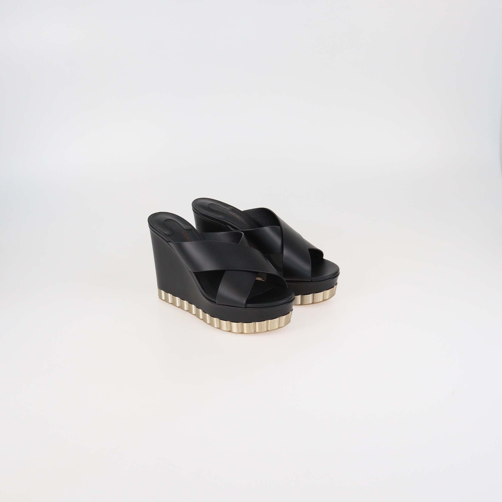 Salvatore Ferragamo Black Leather Nicosia Wedge Sandals