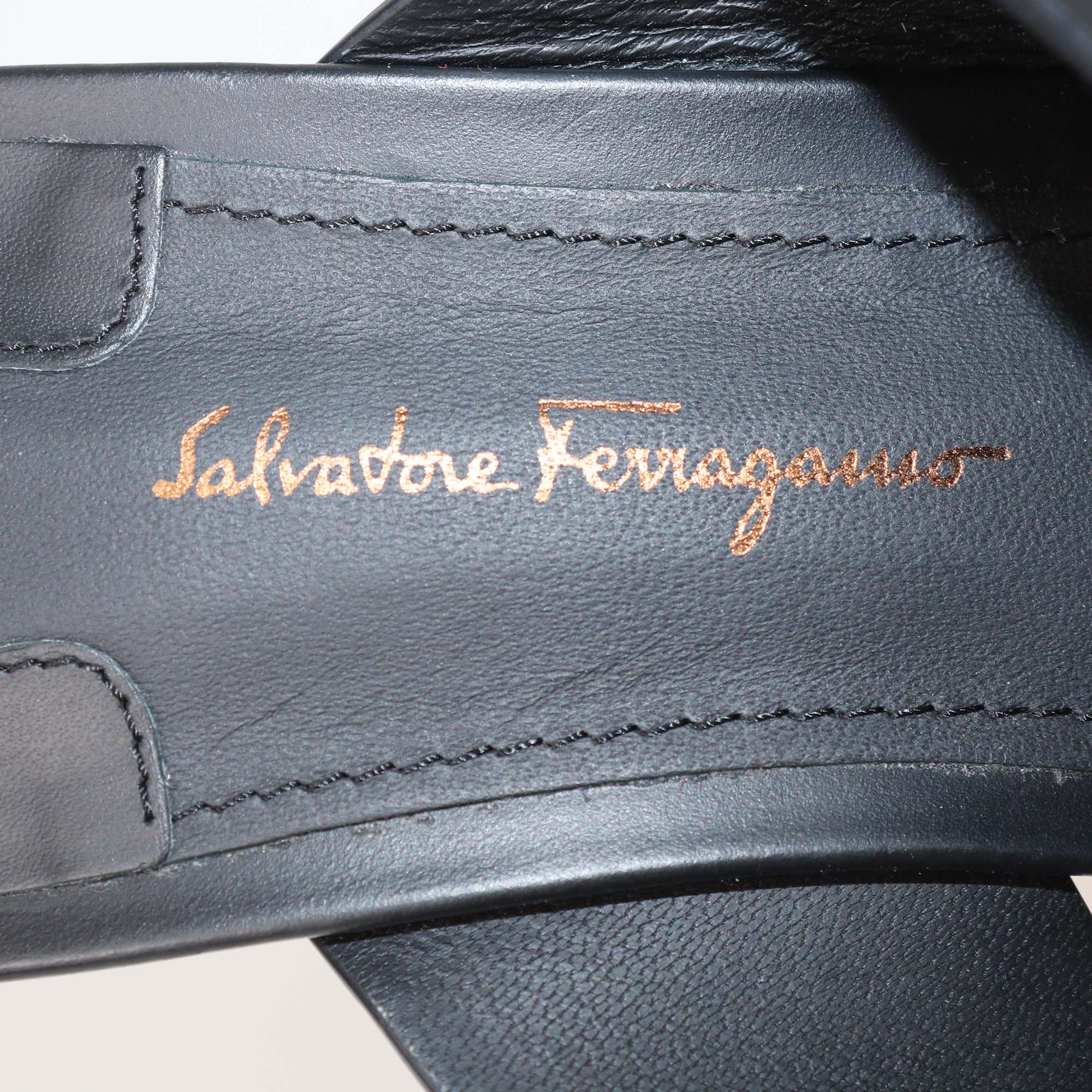 Salvatore Ferragamo Black Leather Nicosia Wedge Sandals