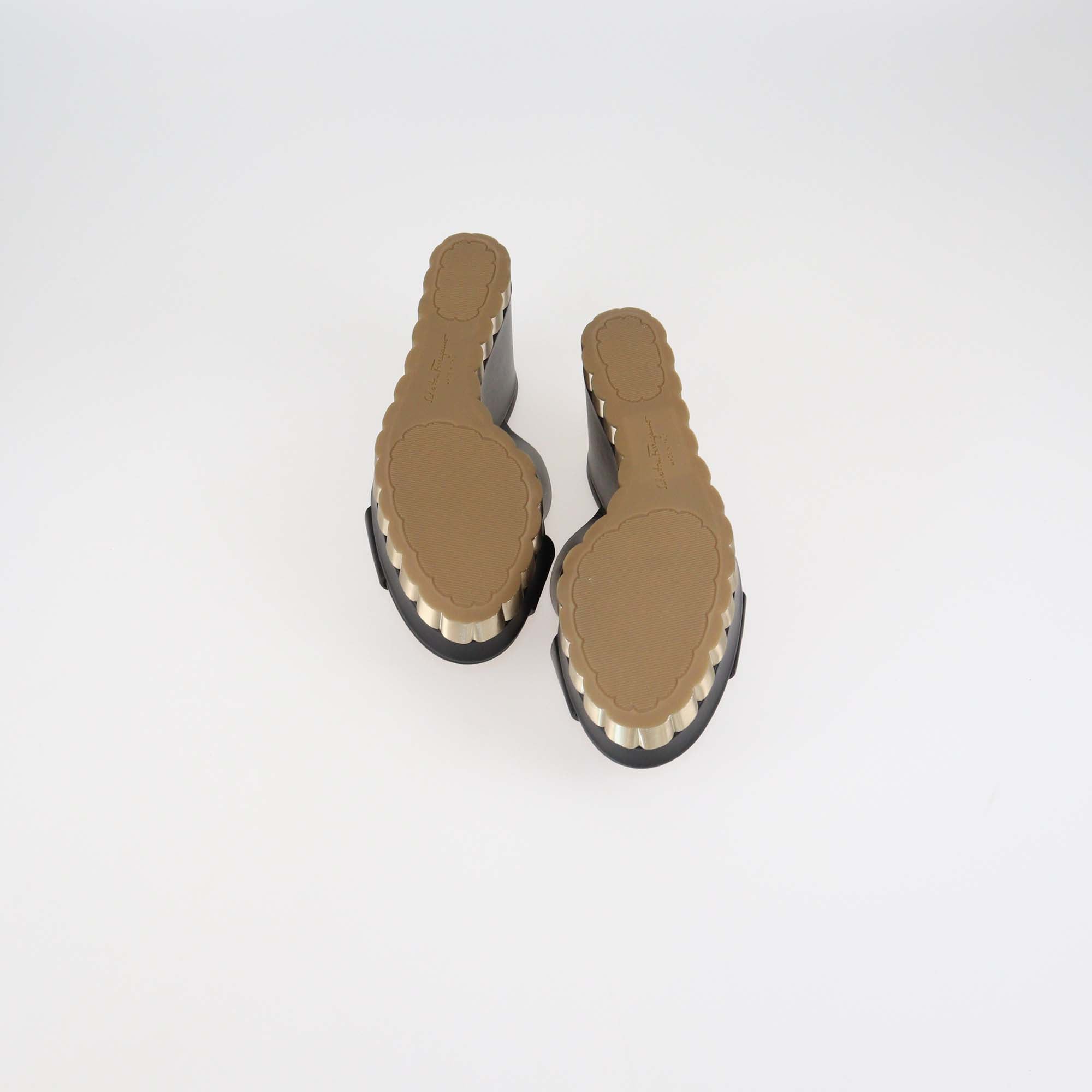 Salvatore Ferragamo Black Leather Nicosia Wedge Sandals