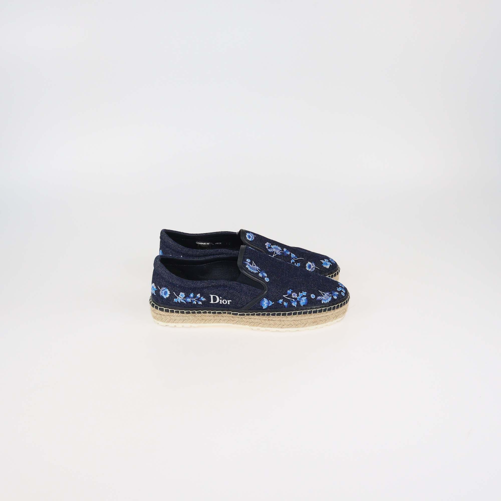 Christian Dior Dark Blue Denim Floral Embroidered Prairie Espadrille Slip On Sneakers