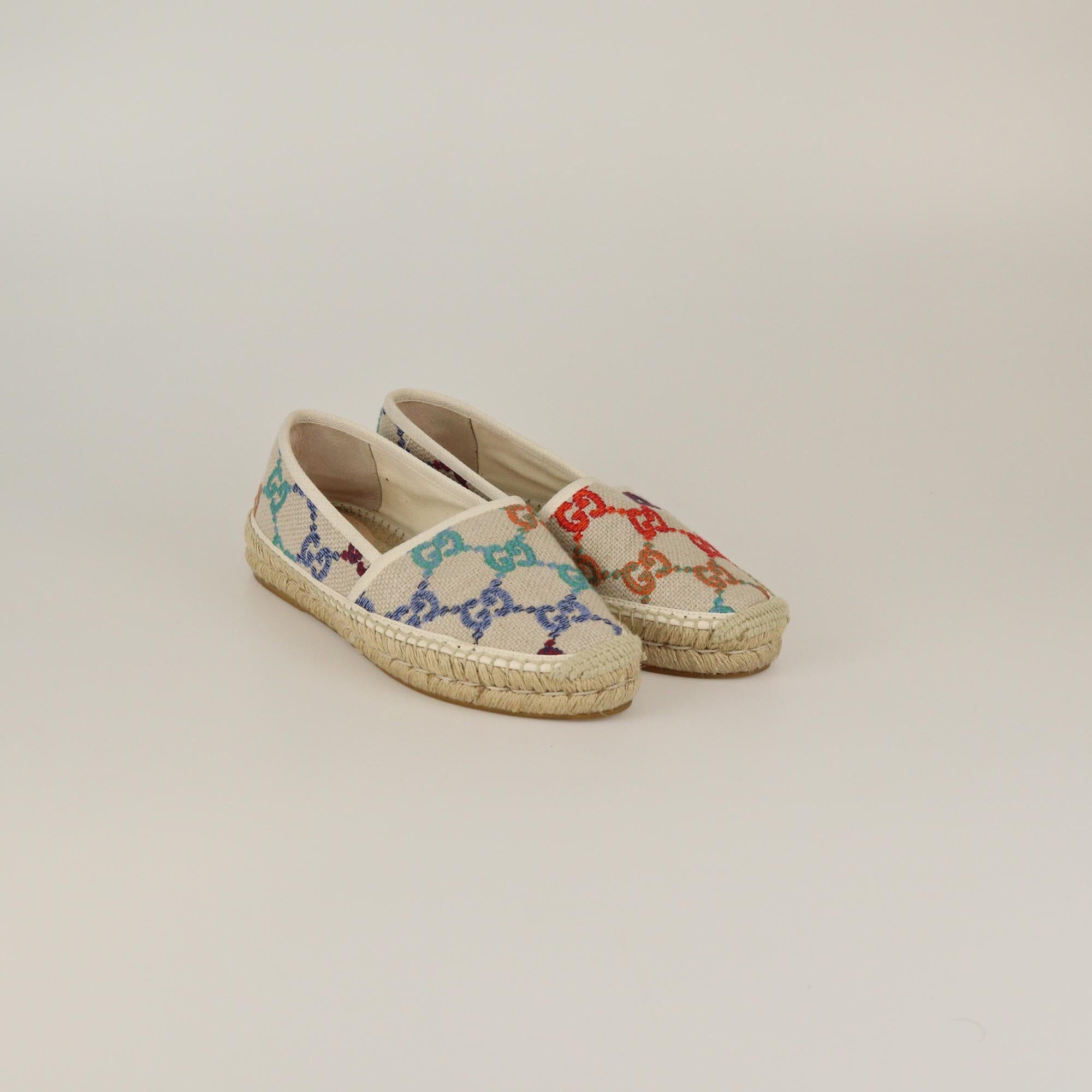 Gucci Beige/Multicolor GG Espadrille Flats Womens Gucci 