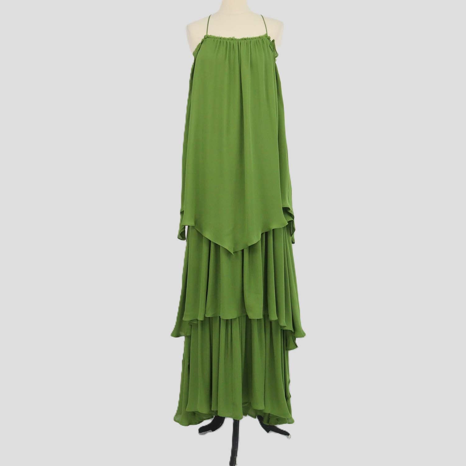Cult Gaia Moss Green Blend Silk Tiered Asymmetric Maxi Dress