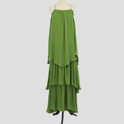Cult Gaia Moss Green Blend Silk Tiered Asymmetric Maxi Dress