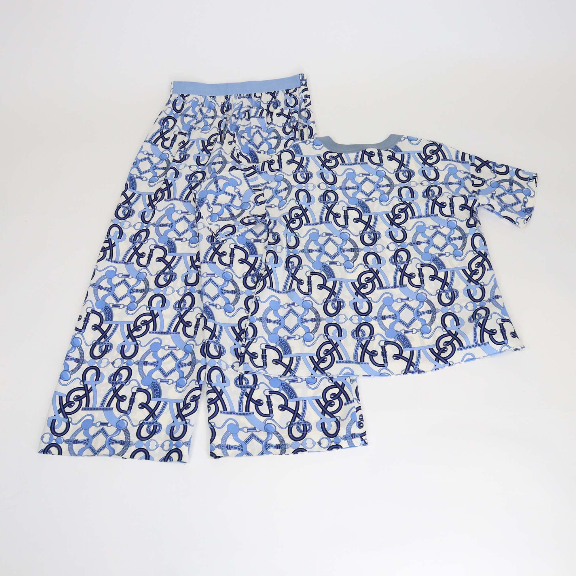Hermes Blue/White Printed Crew Neck Top & Pants Set Womens Hermes 
