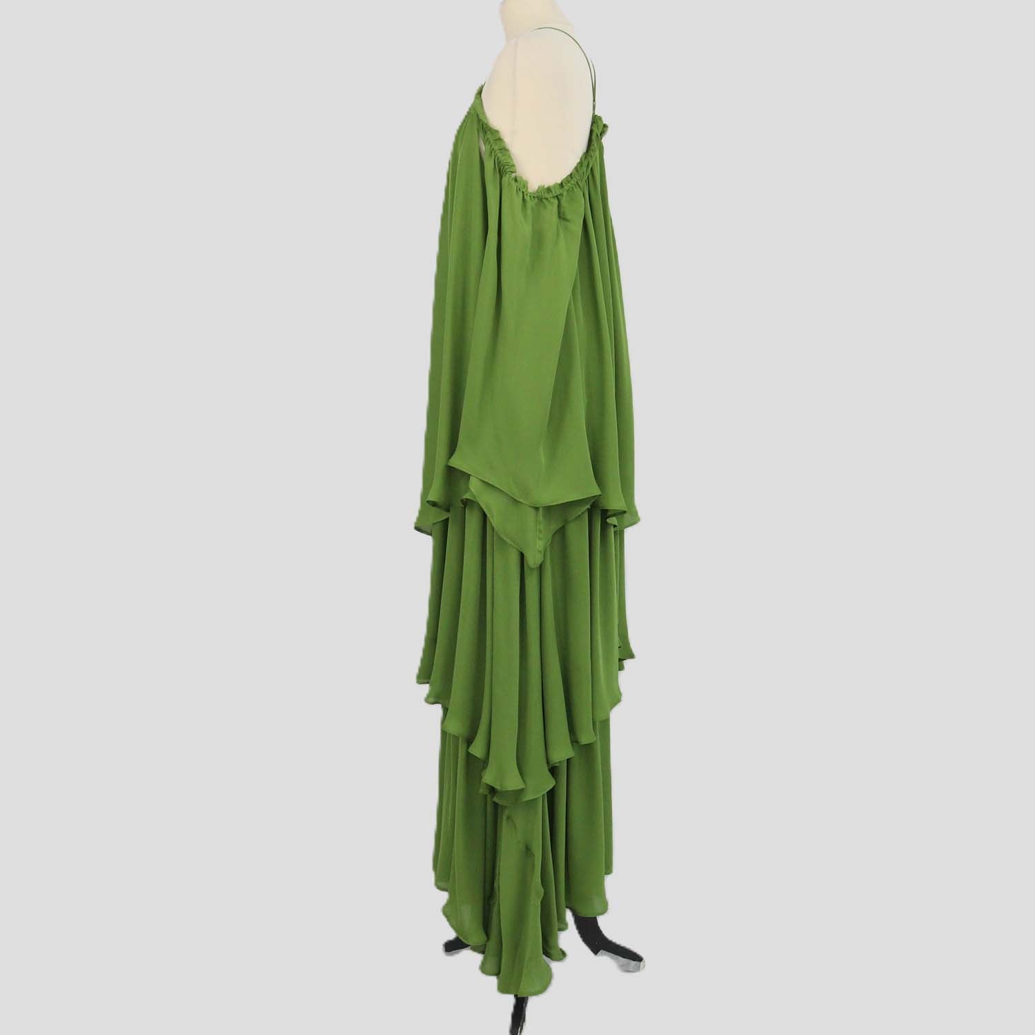 Cult Gaia Moss Green Blend Silk Tiered Asymmetric Maxi Dress