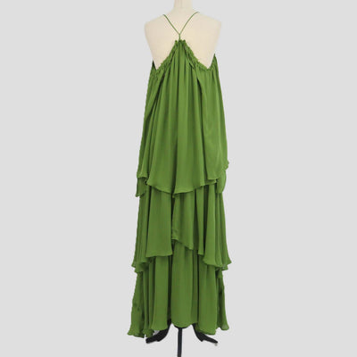 Cult Gaia Moss Green Blend Silk Tiered Asymmetric Maxi Dress