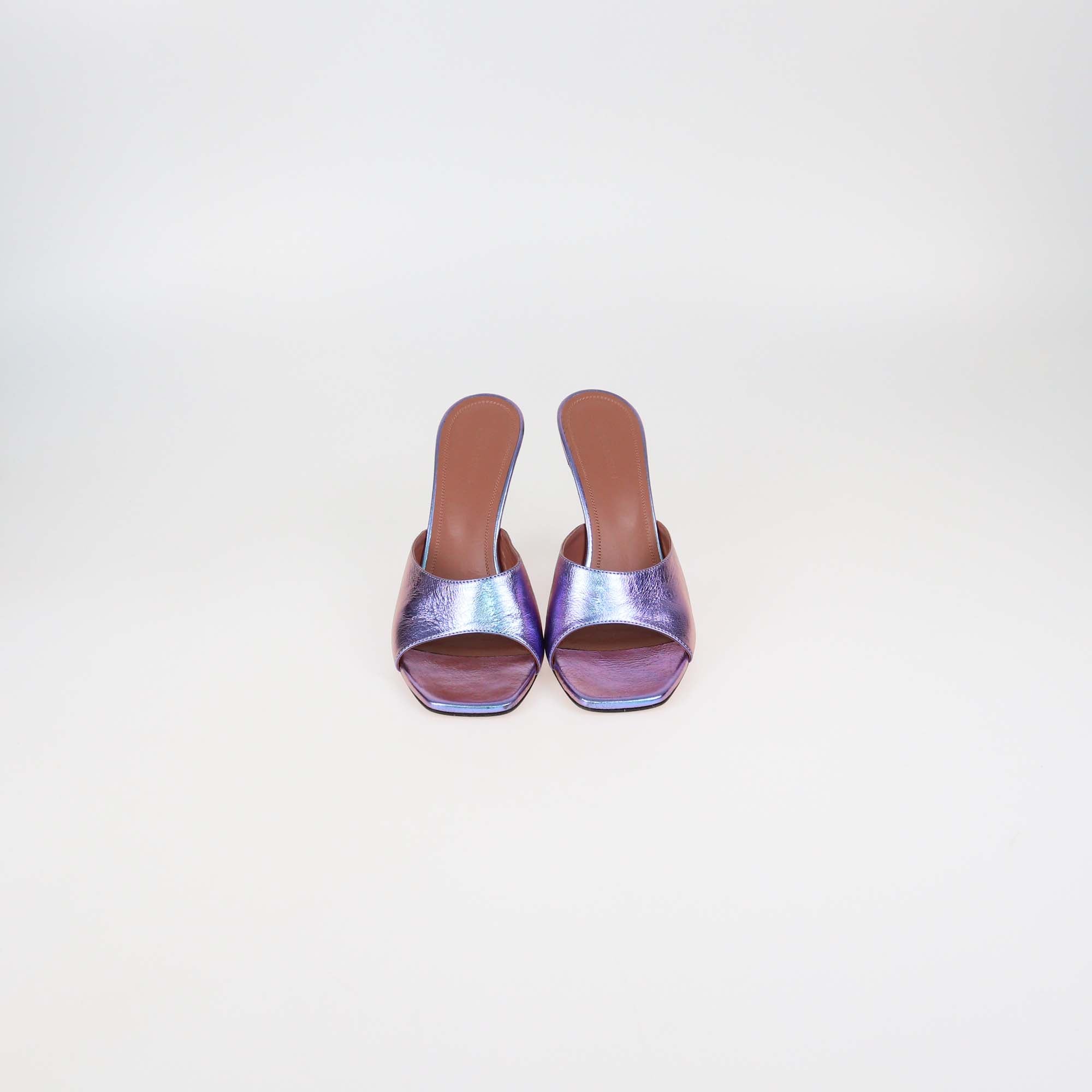 Amina Muaddi Metallic Purple Leather Lupita Slide Sandals