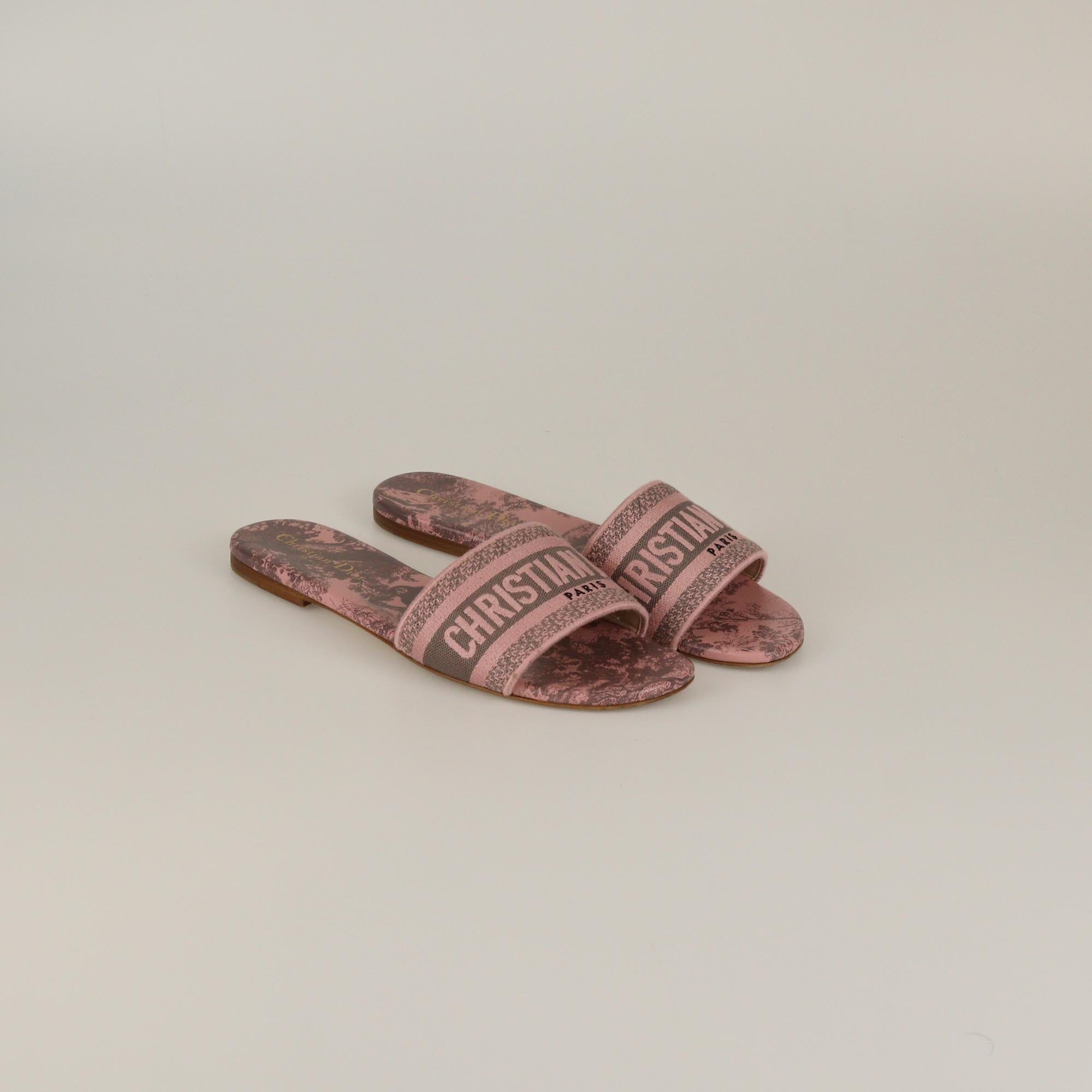 Christian Dior Light Pink Toile De Jouy Embroidered Dway Flat Slide Womens Christian Dior 