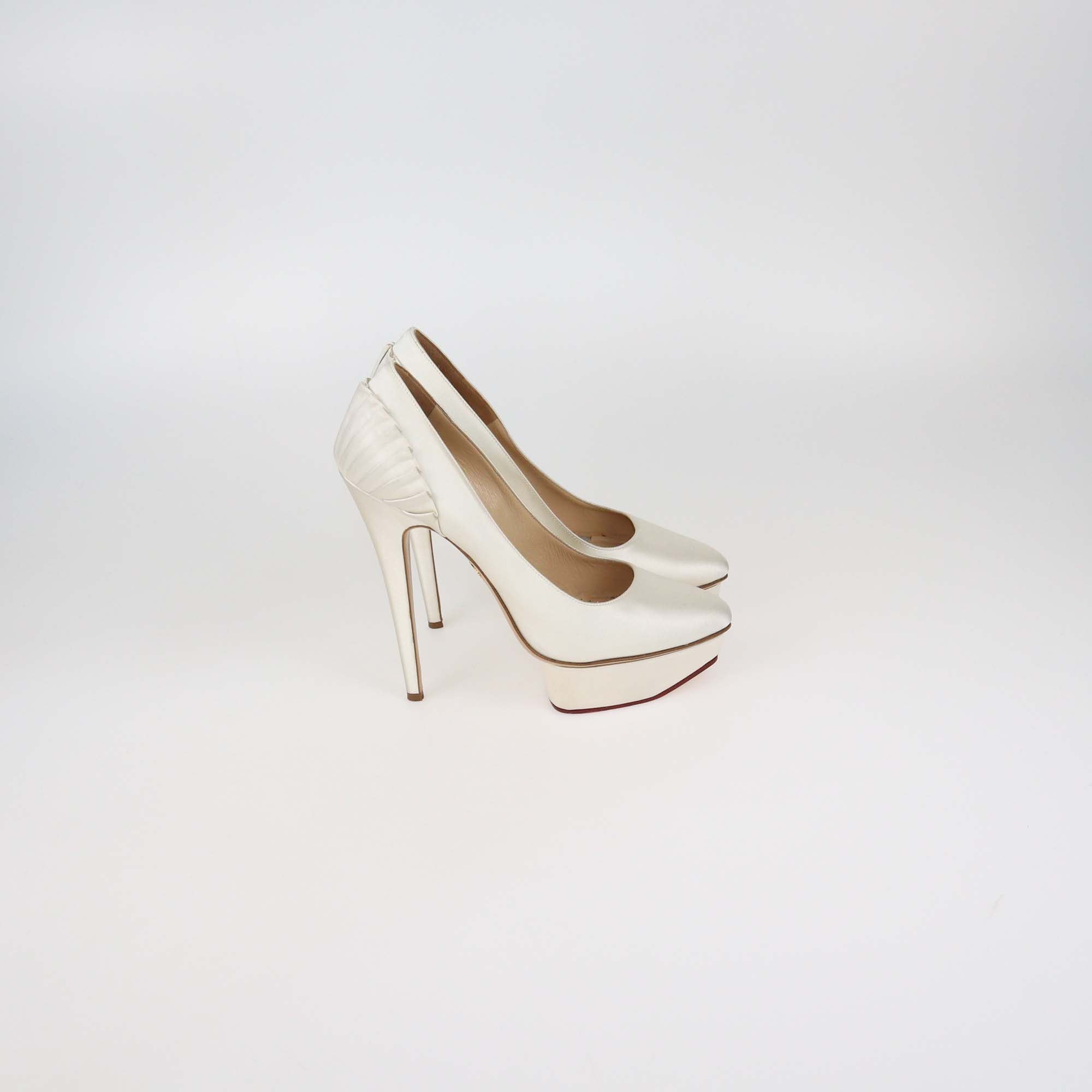 Charlotte Olympia White Satin Paloma Platform Pumps