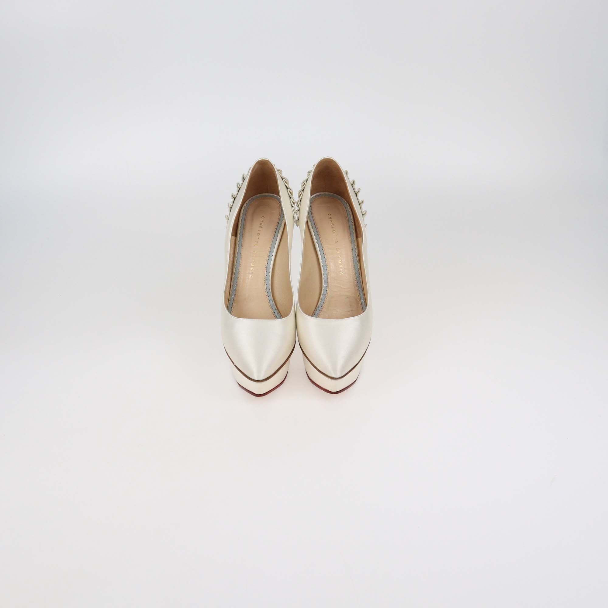 Charlotte Olympia White Satin Paloma Platform Pumps