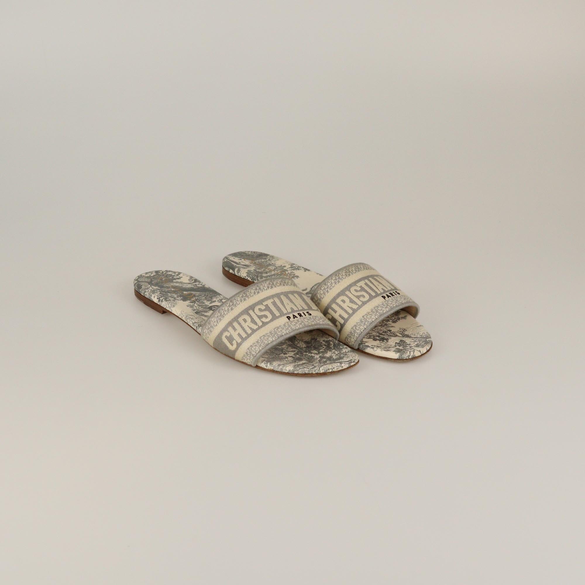 Christian Dior Off White/Grey Toile De Jouy Embroidered Dway Flat Slide Womens Christian Dior 