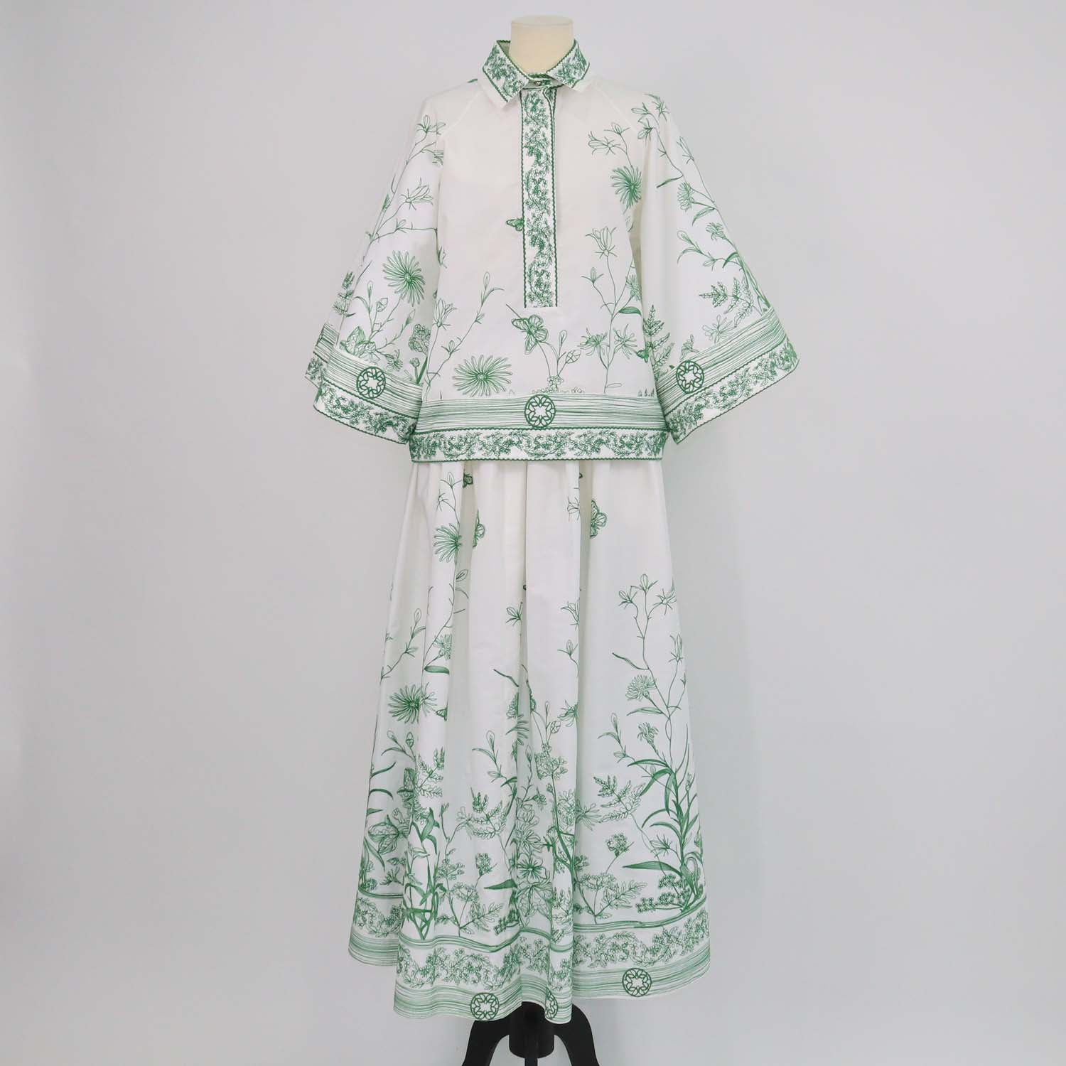 Elie Saab White, Green Cotton Blend Floral Embroidered Poplin Shirt and Maxi Skirt Set