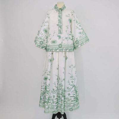 Elie Saab White, Green Cotton Blend Floral Embroidered Poplin Shirt and Maxi Skirt Set