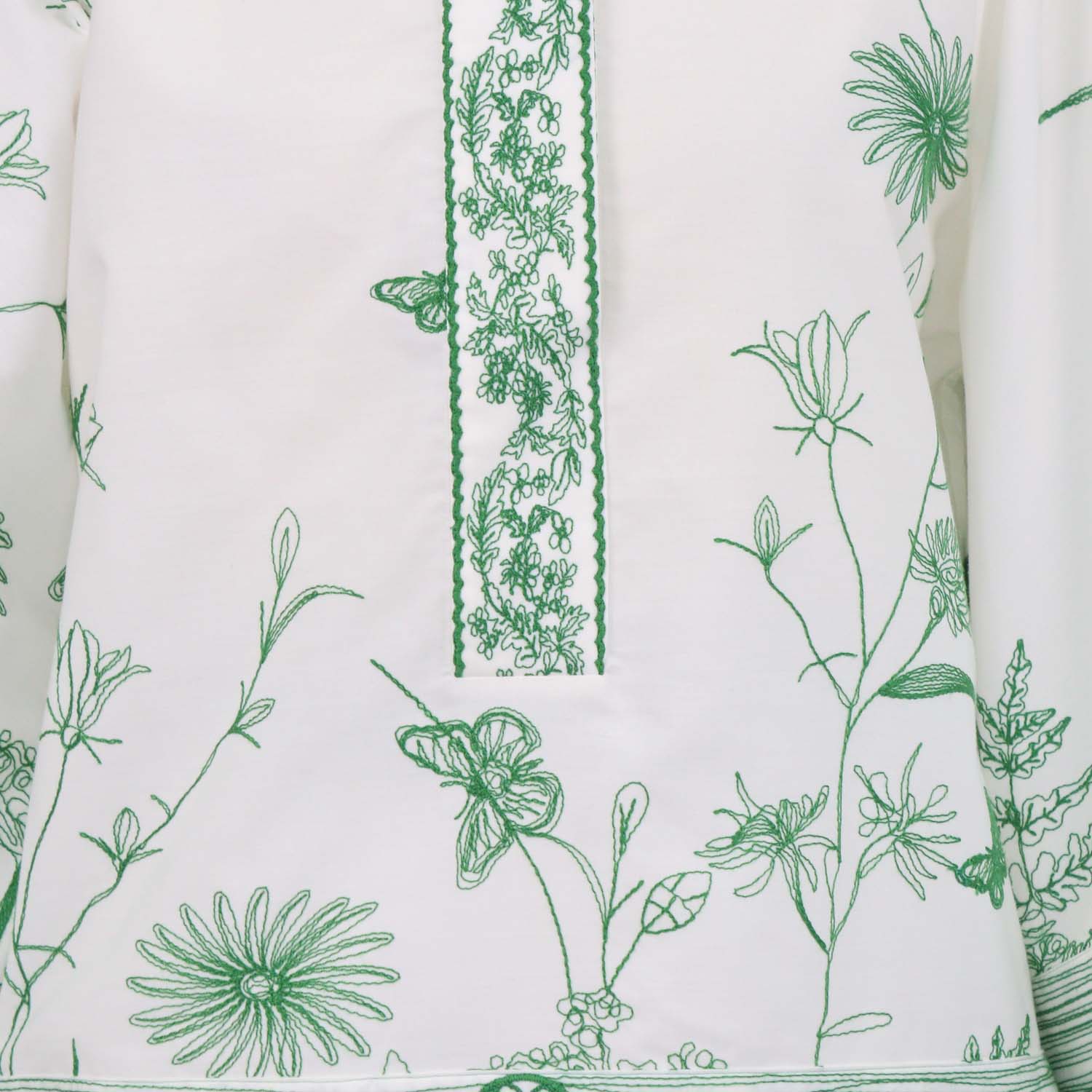 Elie Saab White, Green Cotton Blend Floral Embroidered Poplin Shirt and Maxi Skirt Set