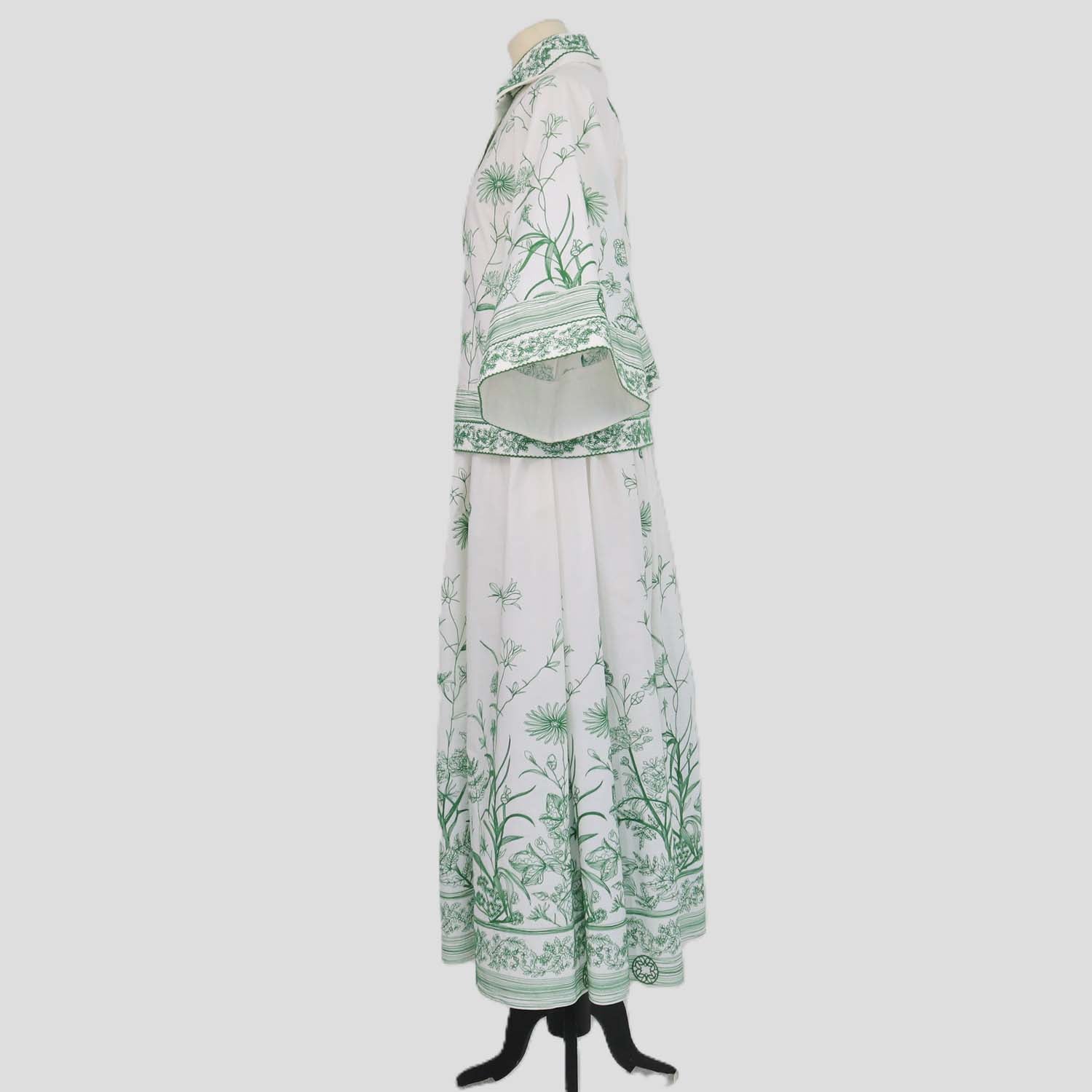 Elie Saab White, Green Cotton Blend Floral Embroidered Poplin Shirt and Maxi Skirt Set
