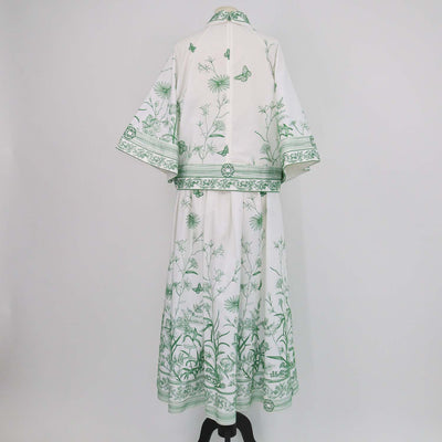 Elie Saab White, Green Cotton Blend Floral Embroidered Poplin Shirt and Maxi Skirt Set