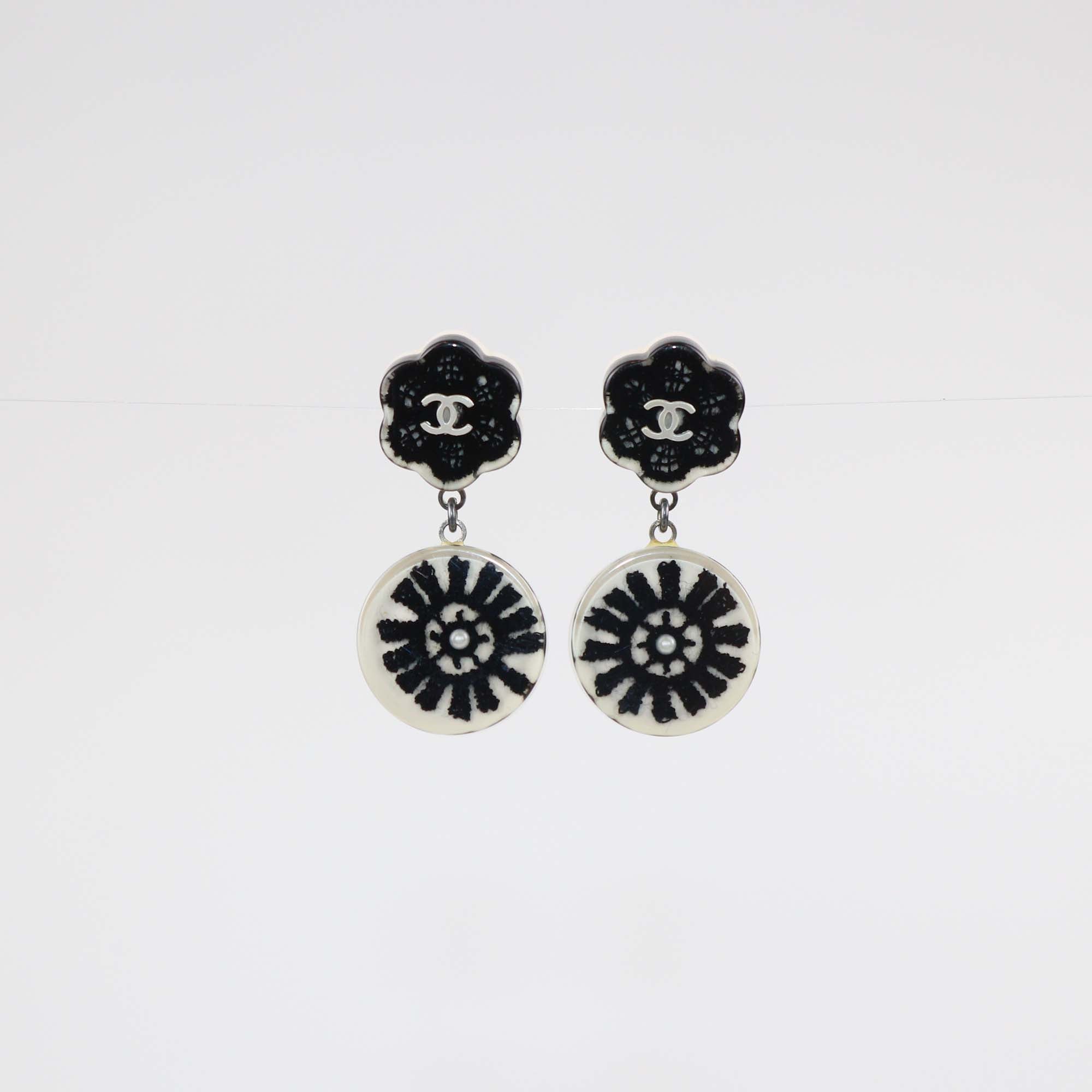 Chanel Black/White Resin Coco Mark Camellia Drop Earrings