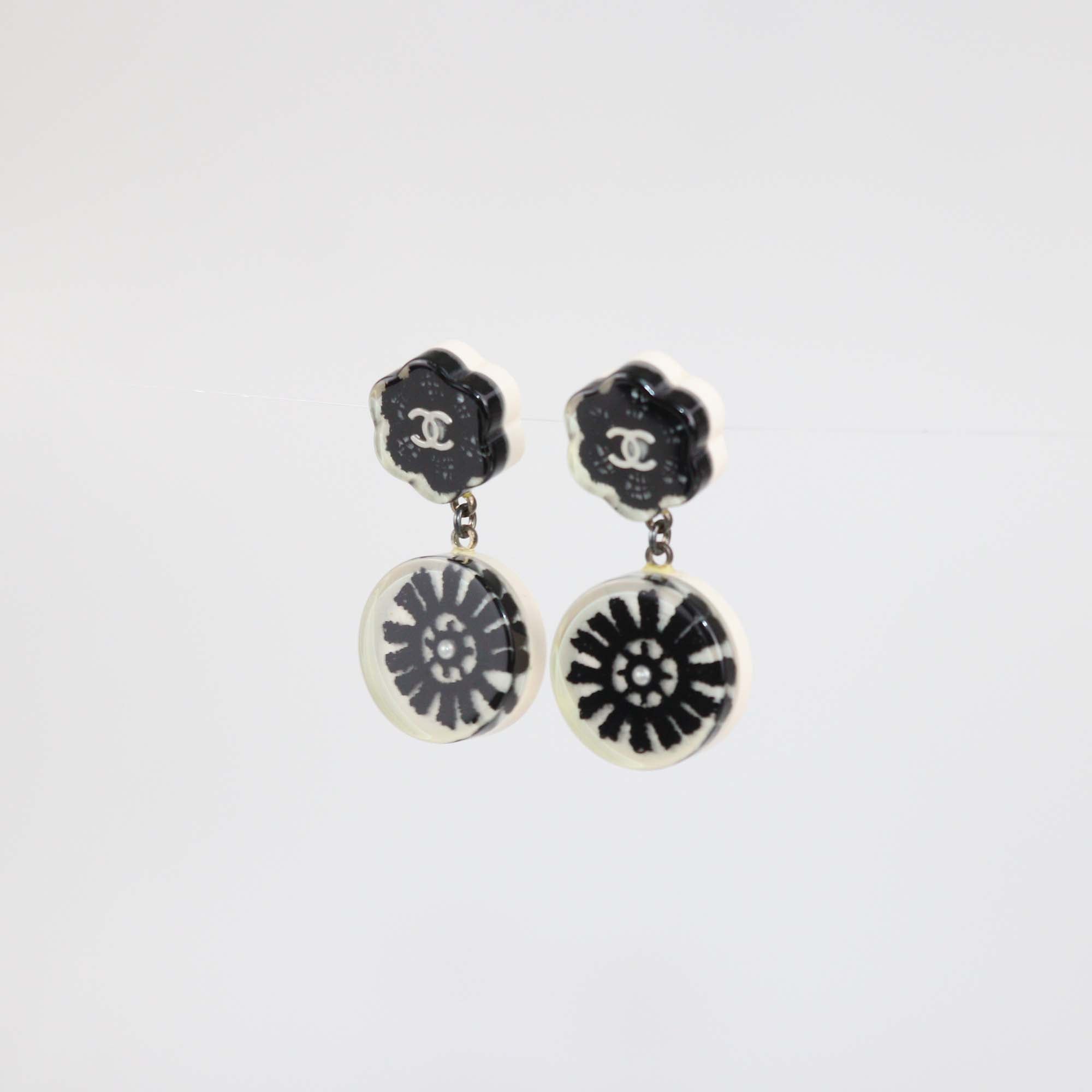 Chanel Black/White Resin Coco Mark Camellia Drop Earrings