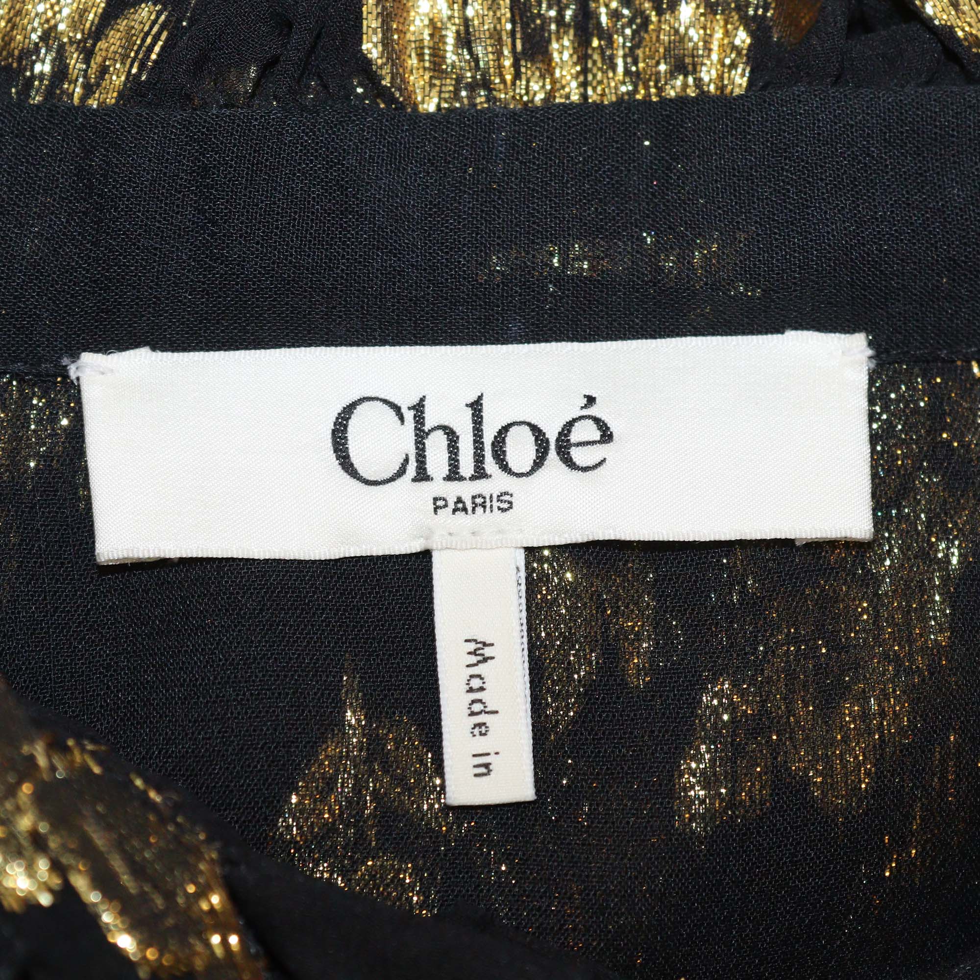 Chloe Black Gold Silk-Blend Metallic Floral Jacquard Blouse