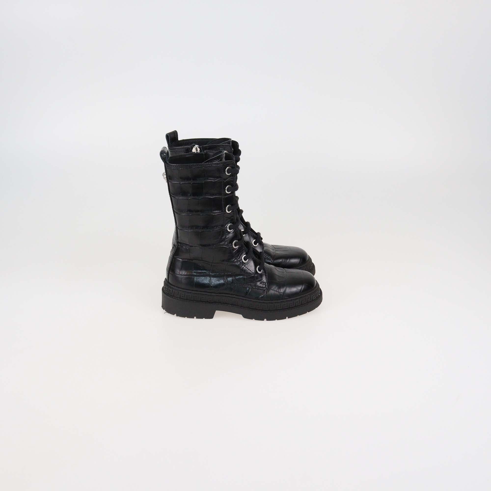 Versace Kids Black Croc Embossed Leather Ankle Boots