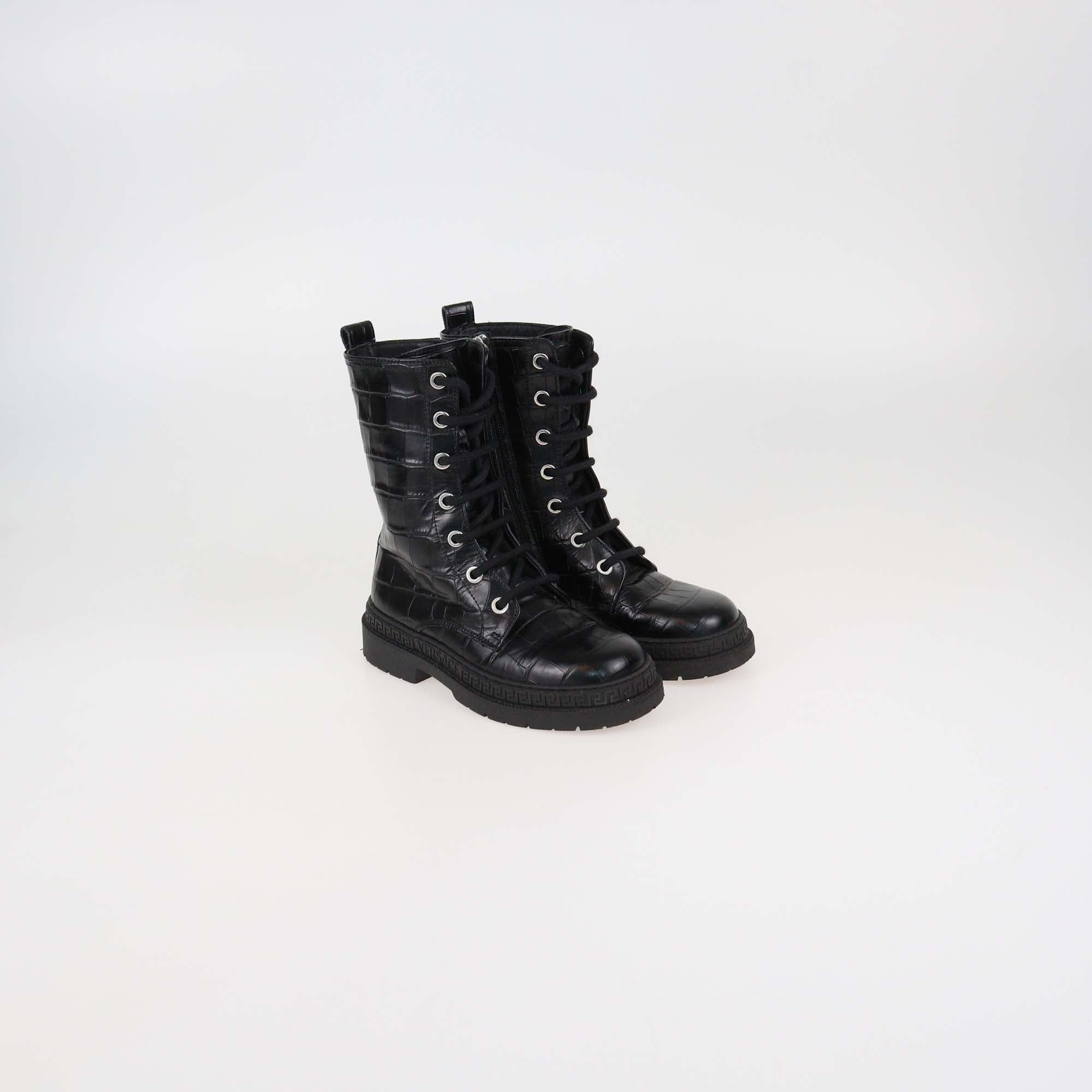 Versace Kids Black Croc Embossed Leather Ankle Boots