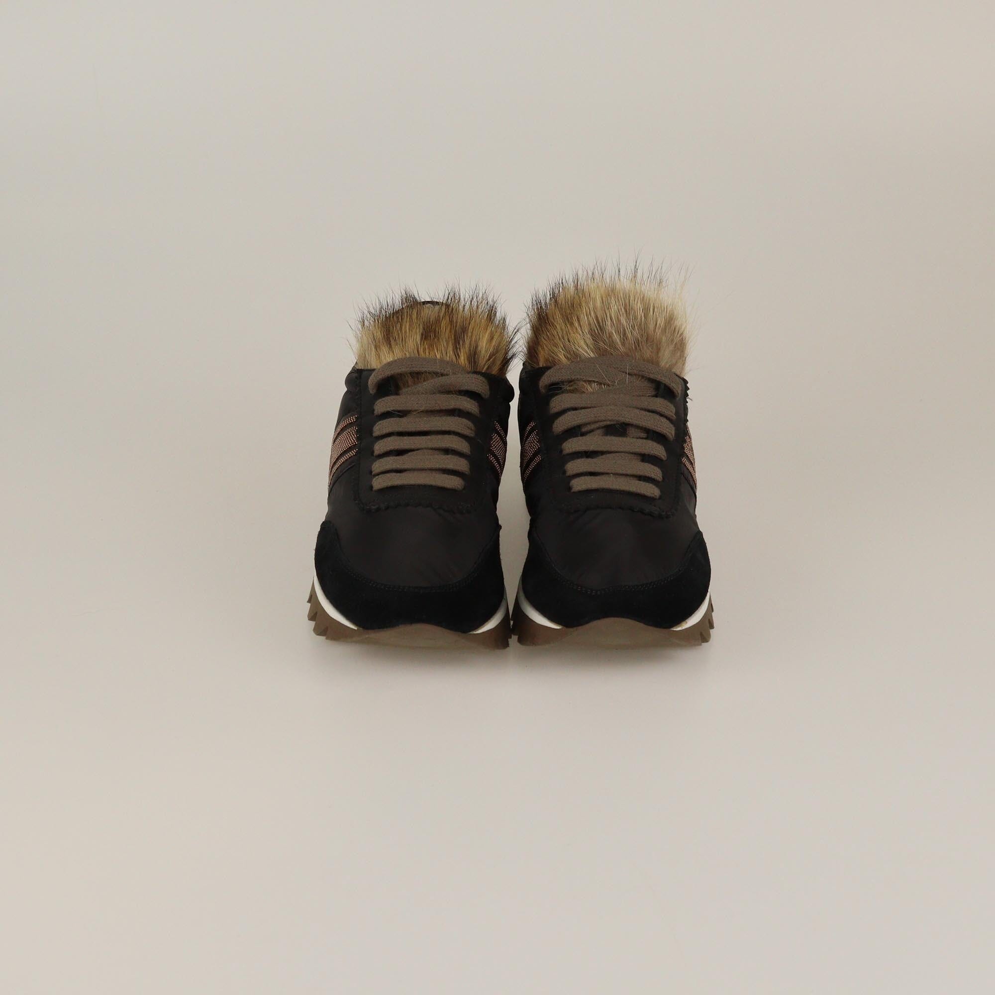 Brunello Cucinelli Black Chain & Fur Sneakers Womens Brunello Cucinelli 