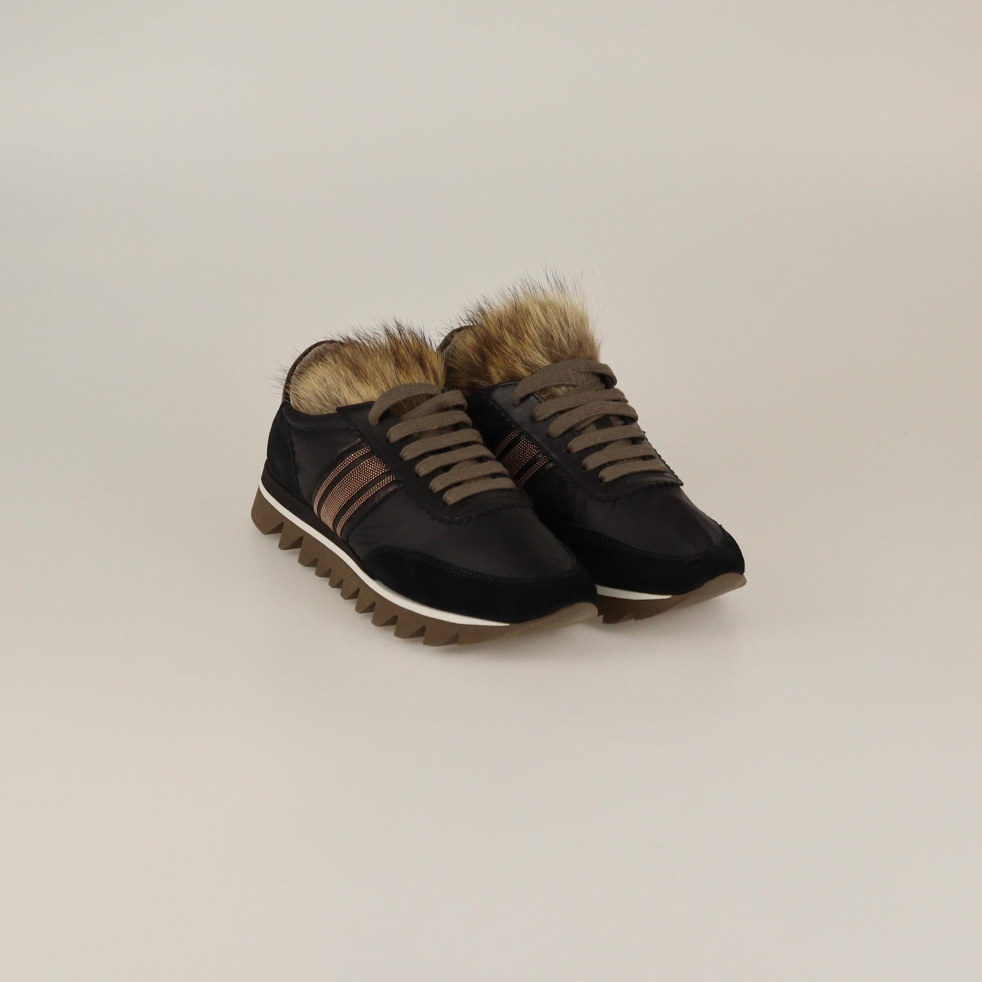 Brunello Cucinelli Black Chain & Fur Sneakers Womens Brunello Cucinelli 