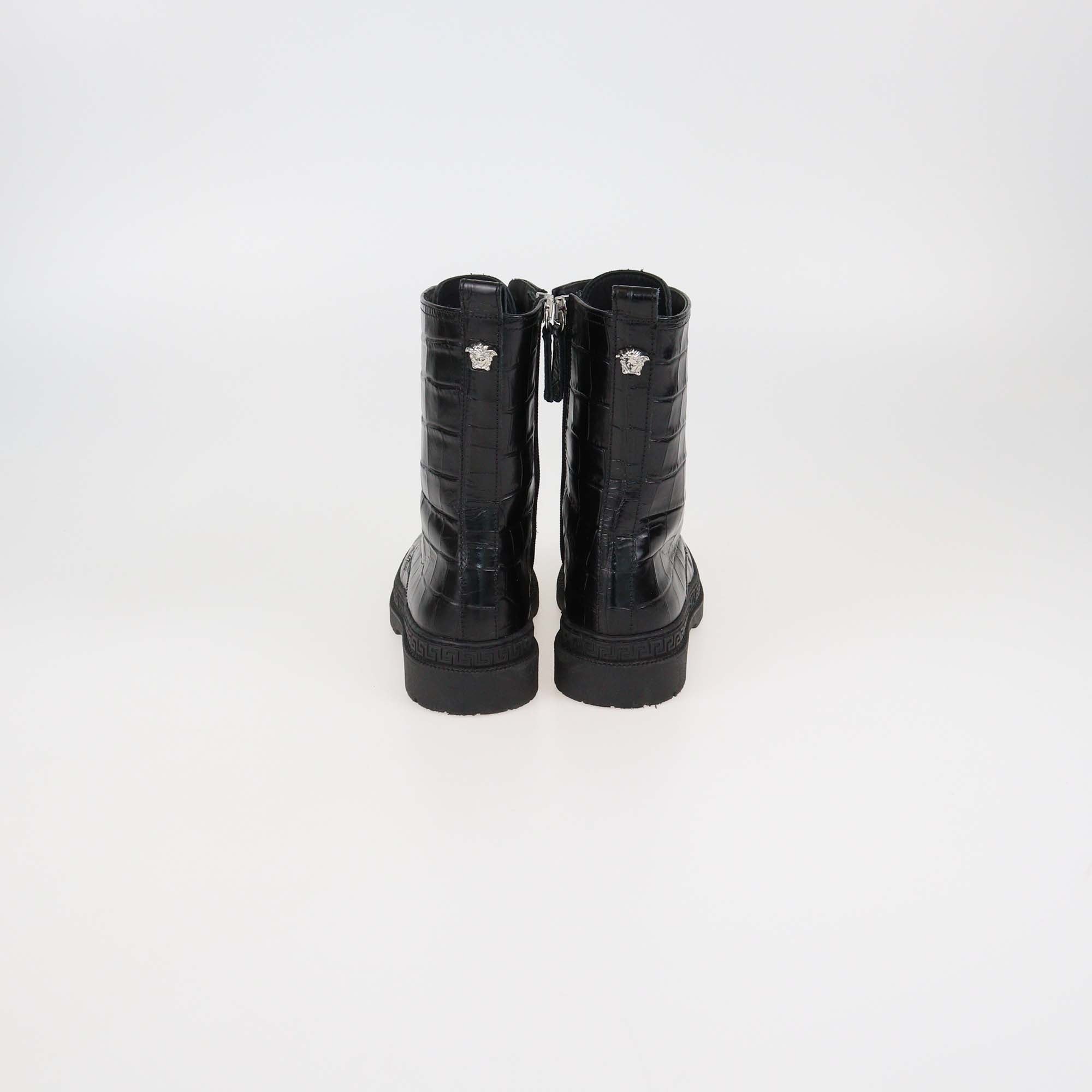 Versace Kids Black Croc Embossed Leather Ankle Boots