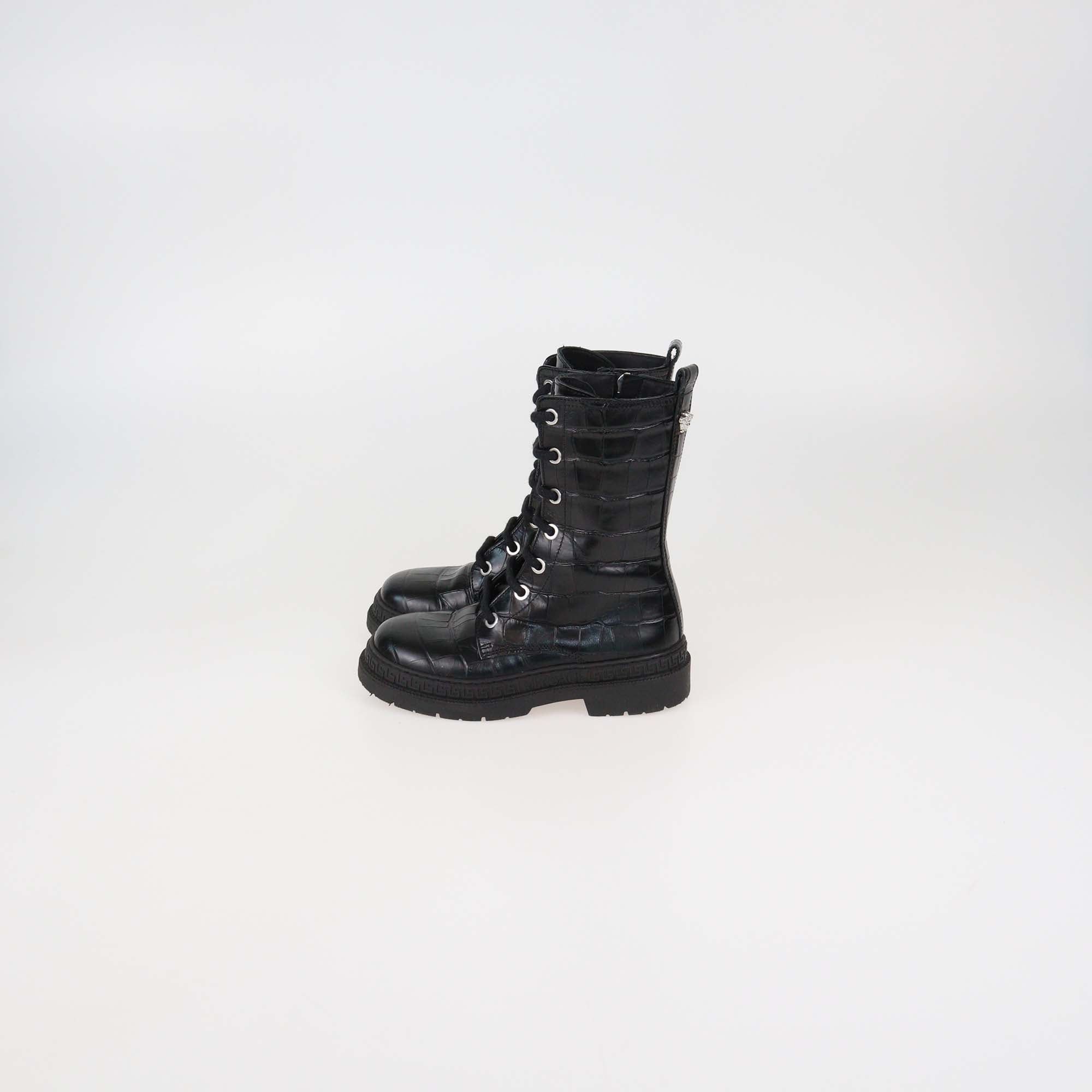 Versace Kids Black Croc Embossed Leather Ankle Boots