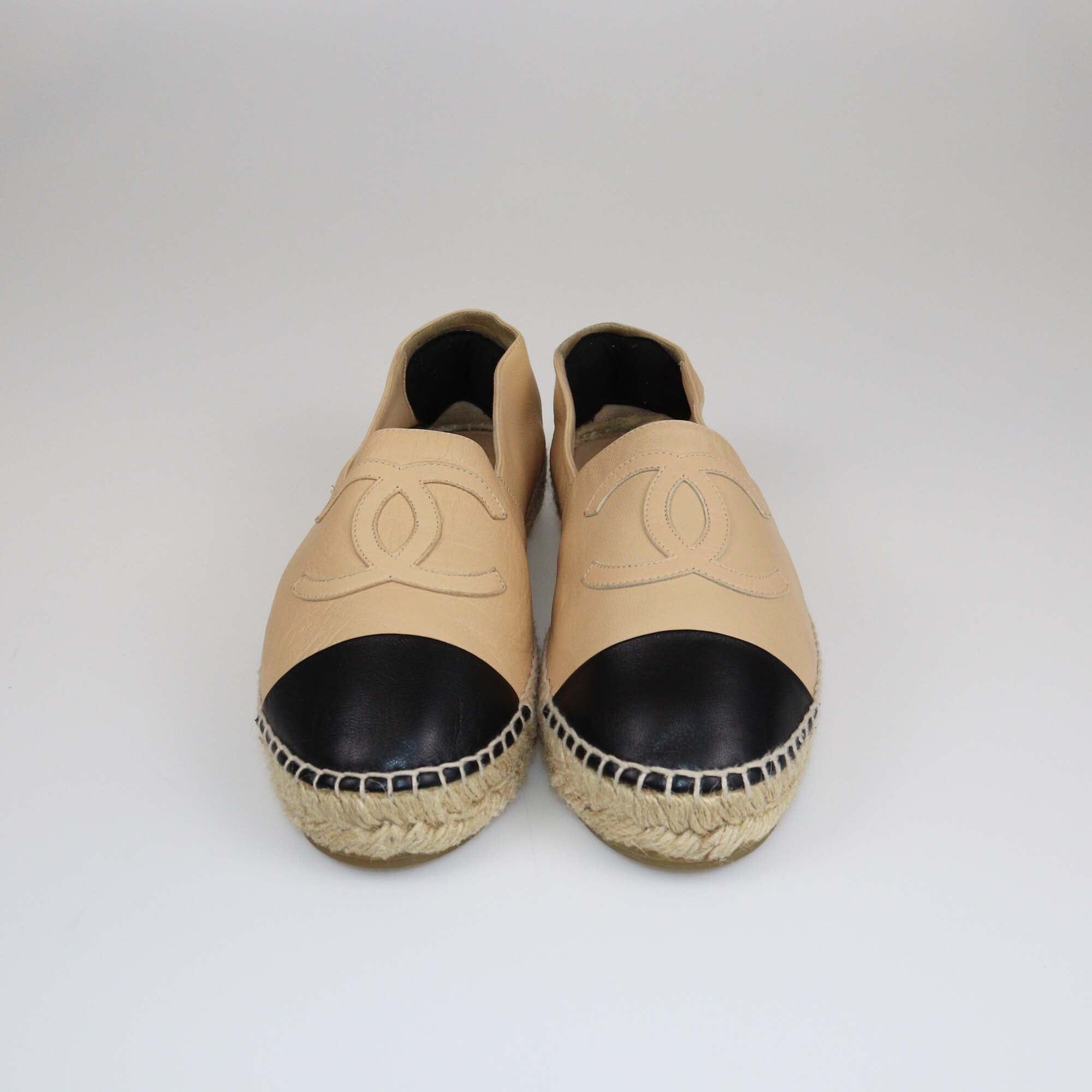 Chanel Beige/Black Espadrilles CC Cap Toe Flats Womens Chanel 