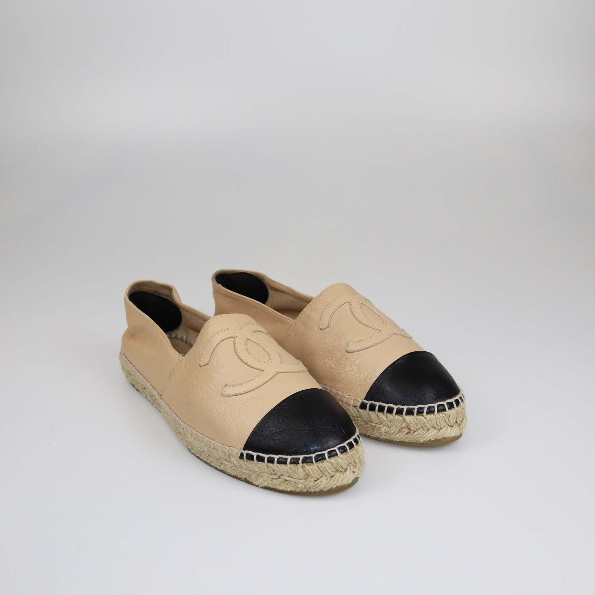 Chanel Beige/Black Espadrilles CC Cap Toe Flats Womens Chanel 