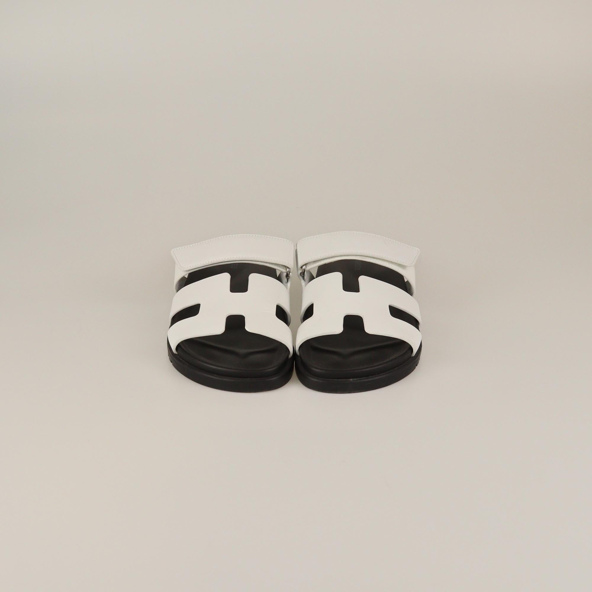 Hermes White/Black Chypre Flat Sandals Womens Hermes 