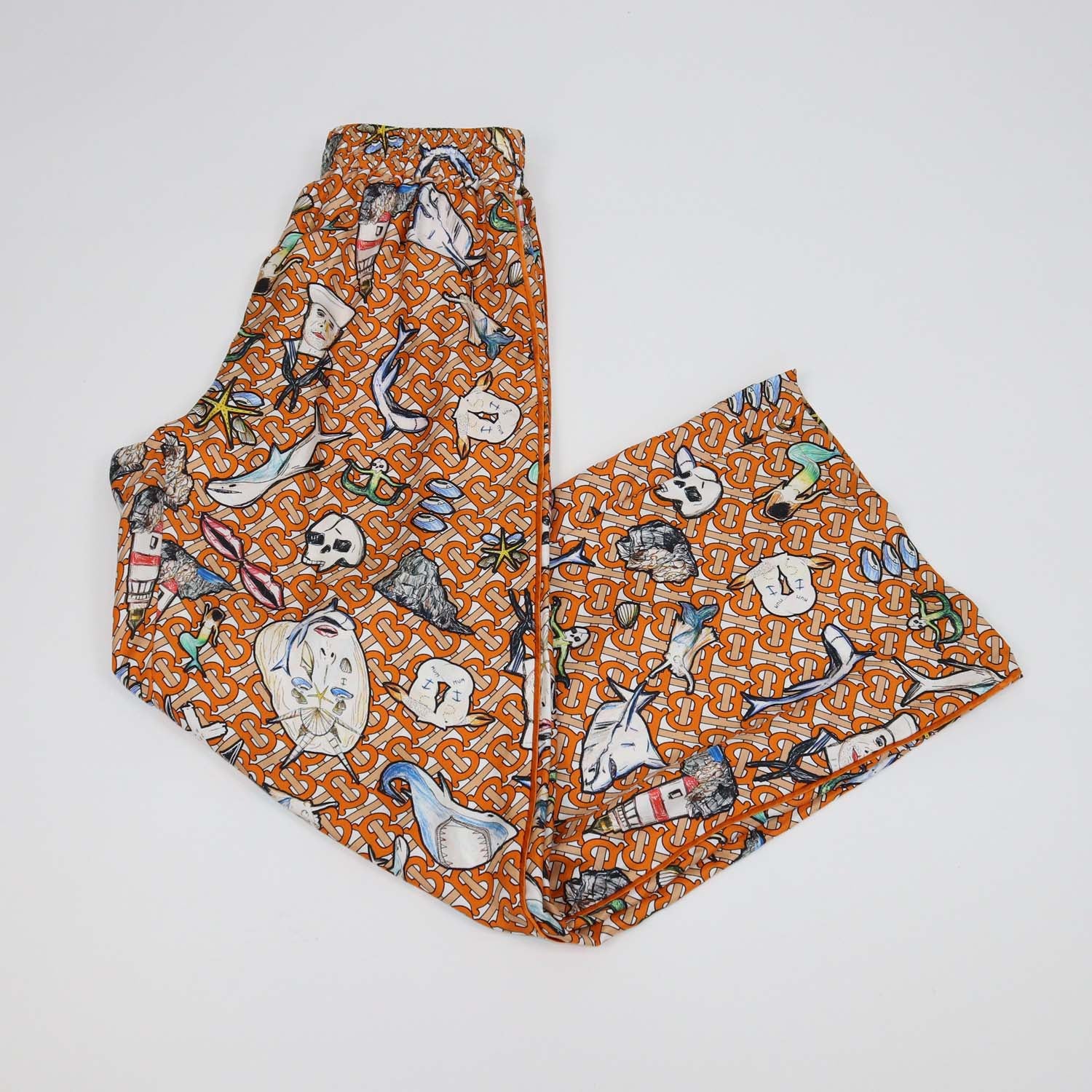 Burberry Orange/Multicolor Silk Printed Twill Pants