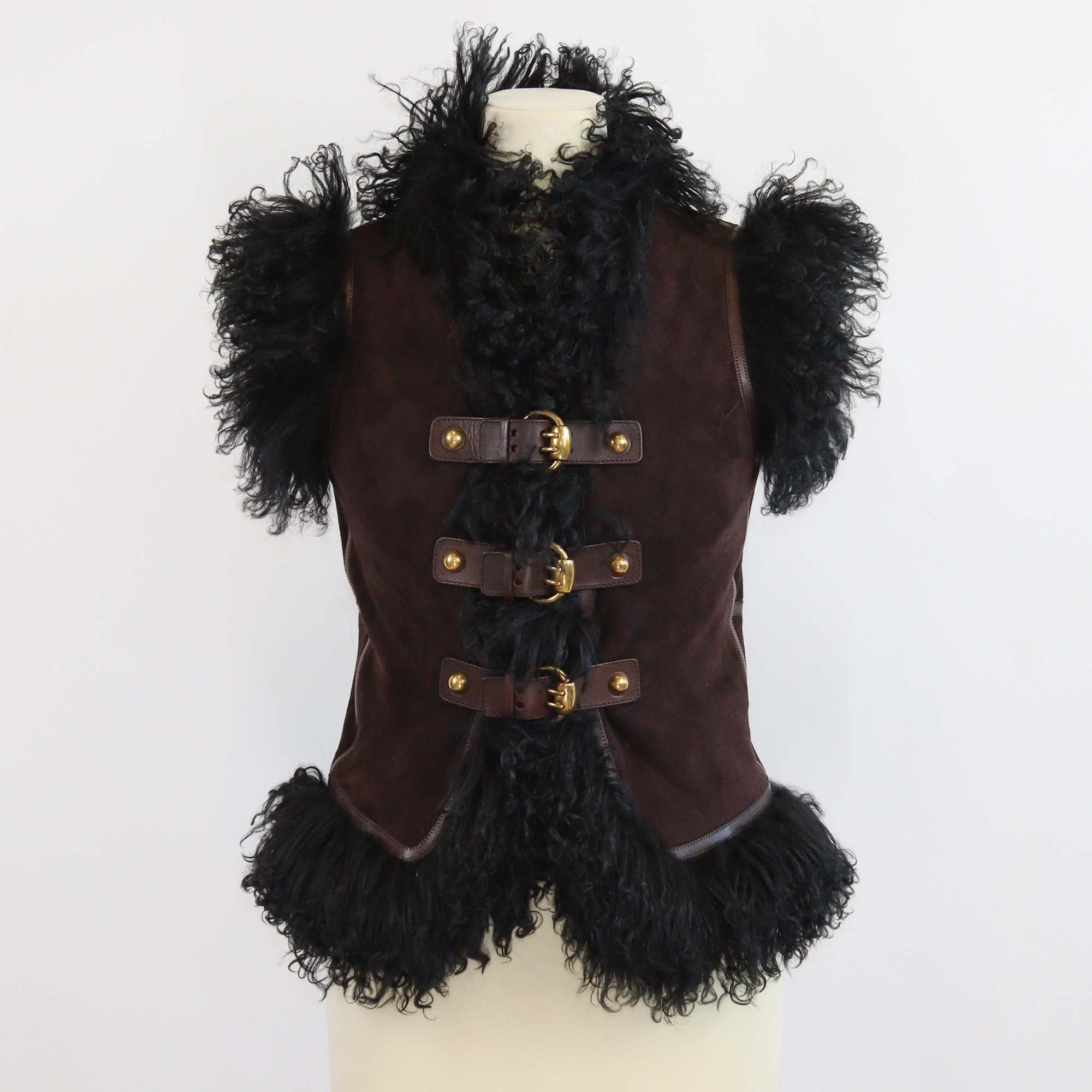 Gucci Brown Suede Shearling Buckled Sleeveless Vest