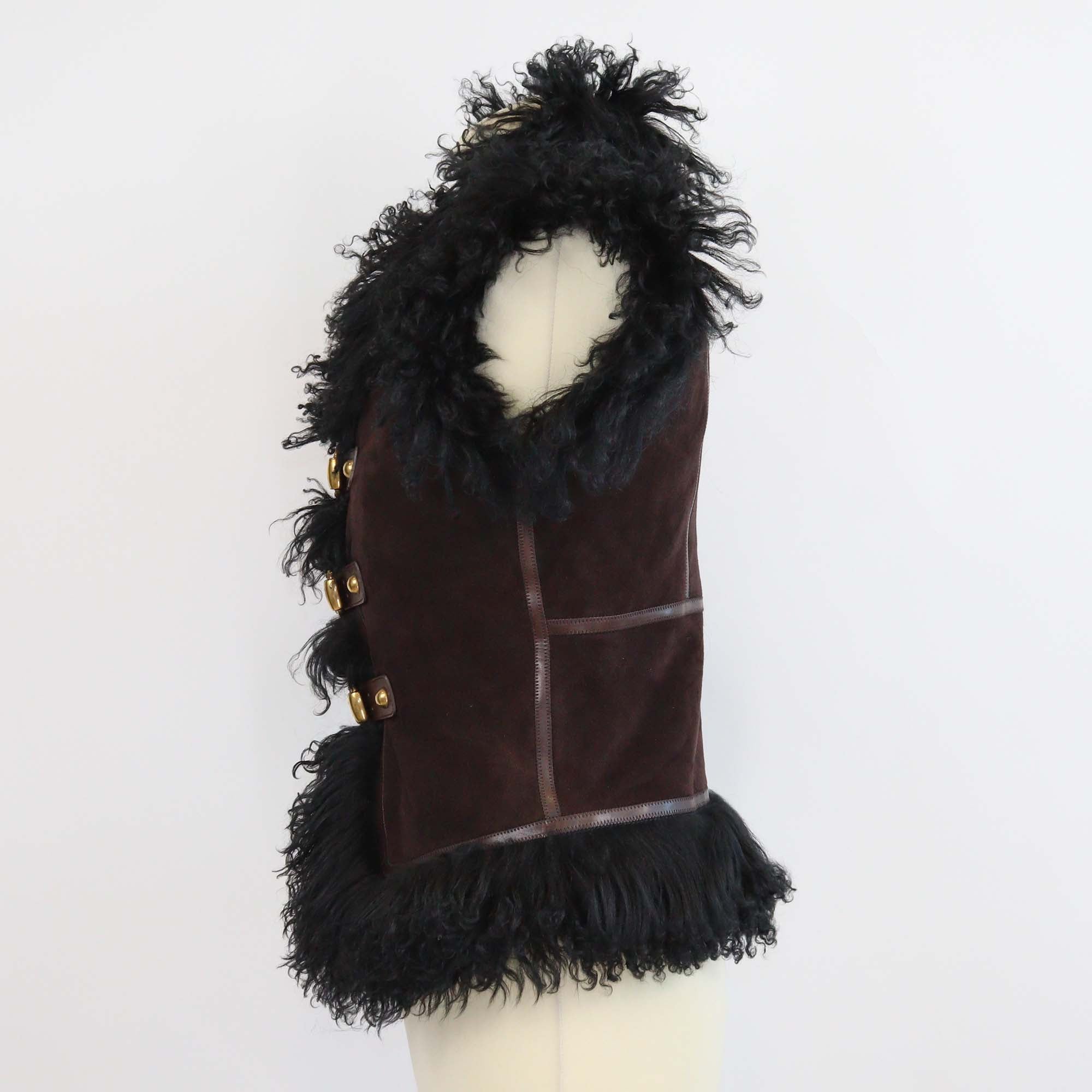 Gucci Brown Suede Shearling Buckled Sleeveless Vest