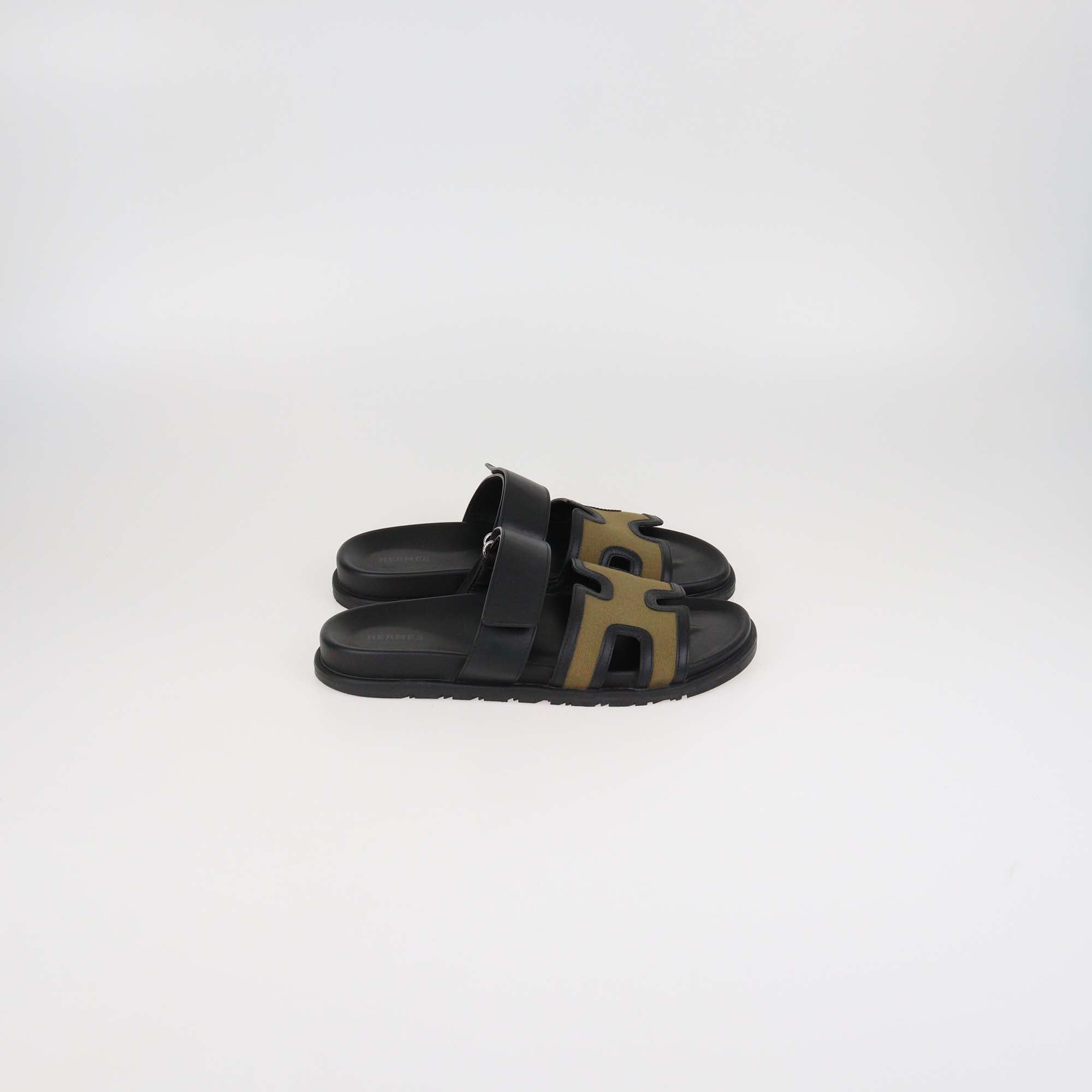 Hermes Brown/Black Canvas and Leather Chypre Sandals