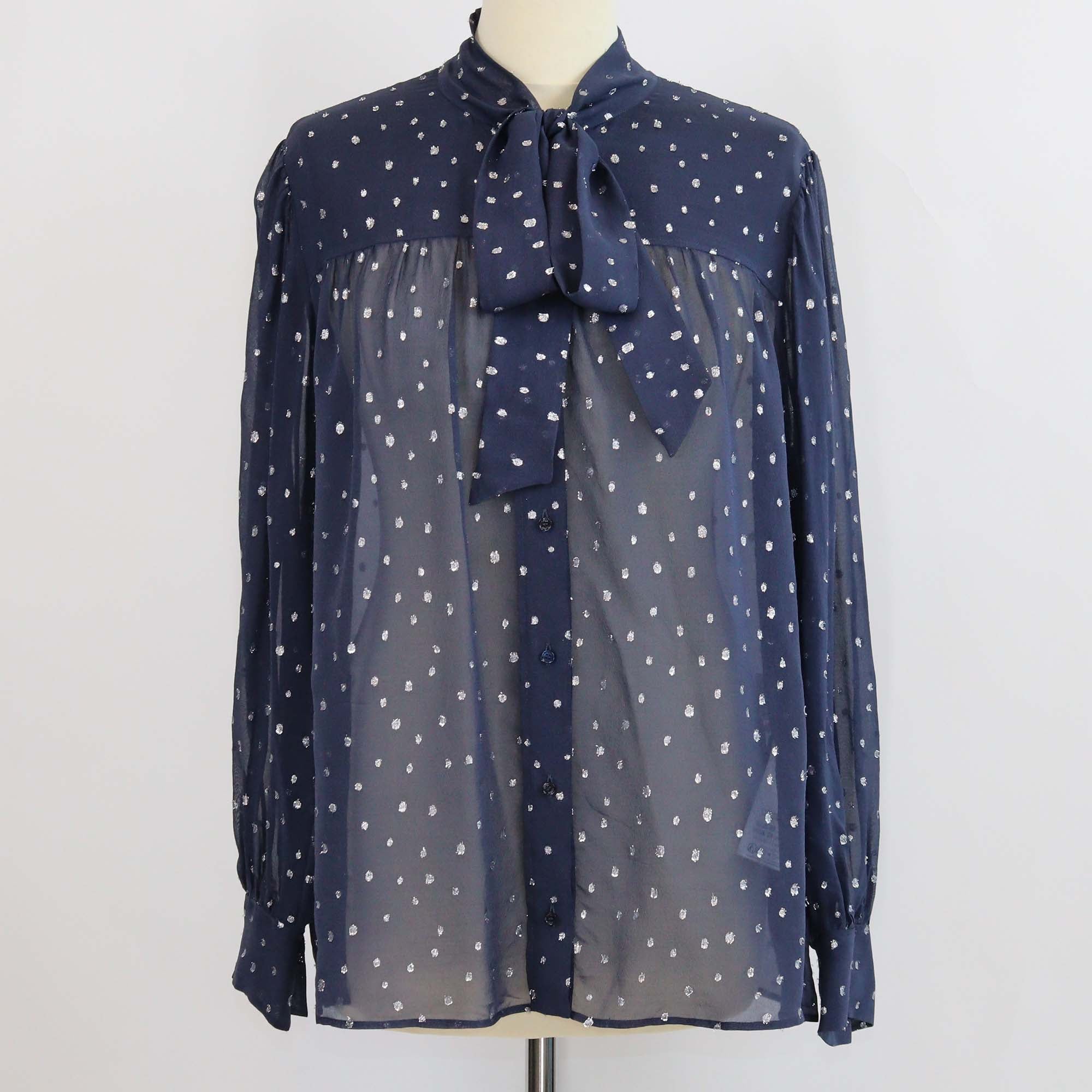 Chloe Navy Blue Silk Metallic Dot Jacquard Blouse
