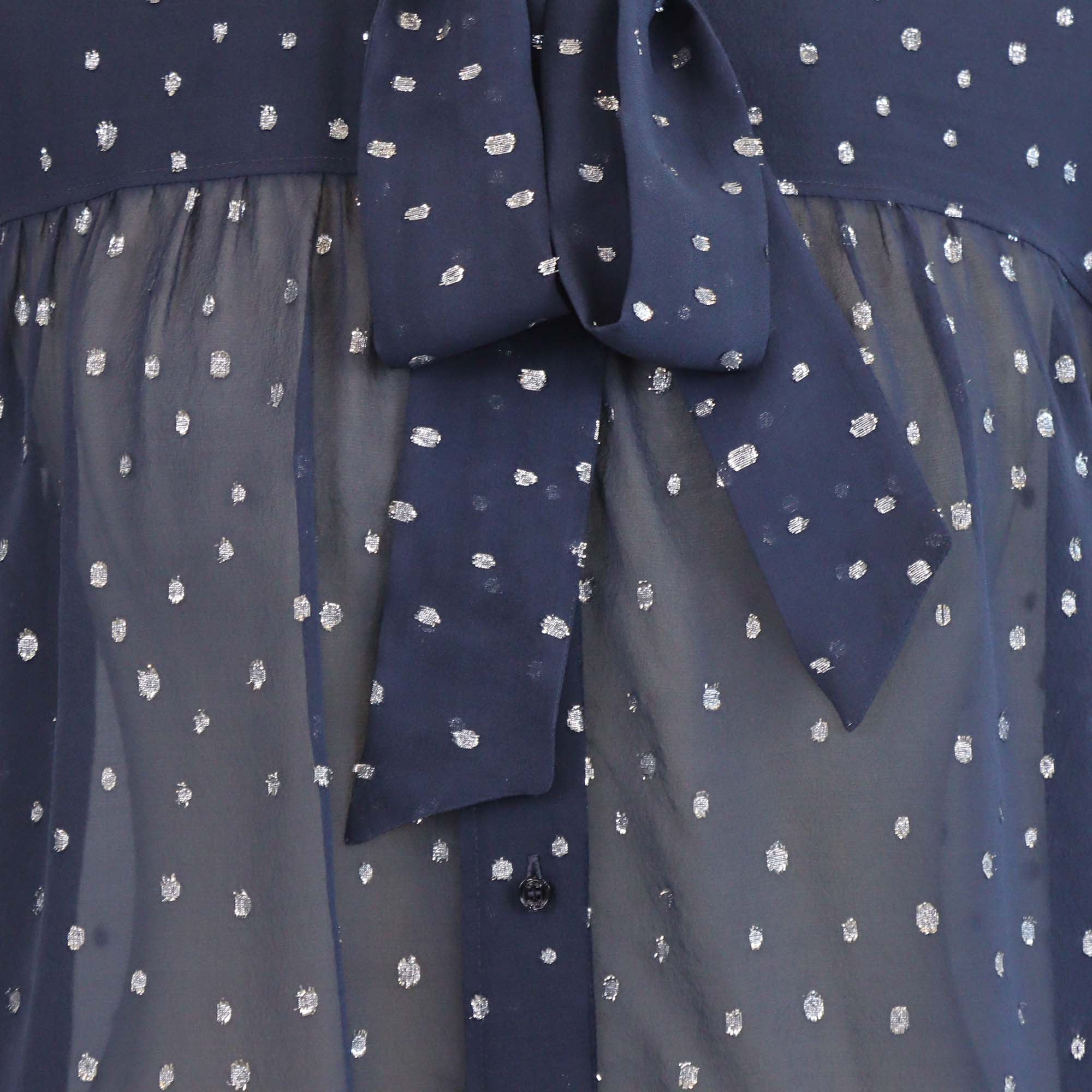 Chloe Navy Blue Silk Metallic Dot Jacquard Blouse