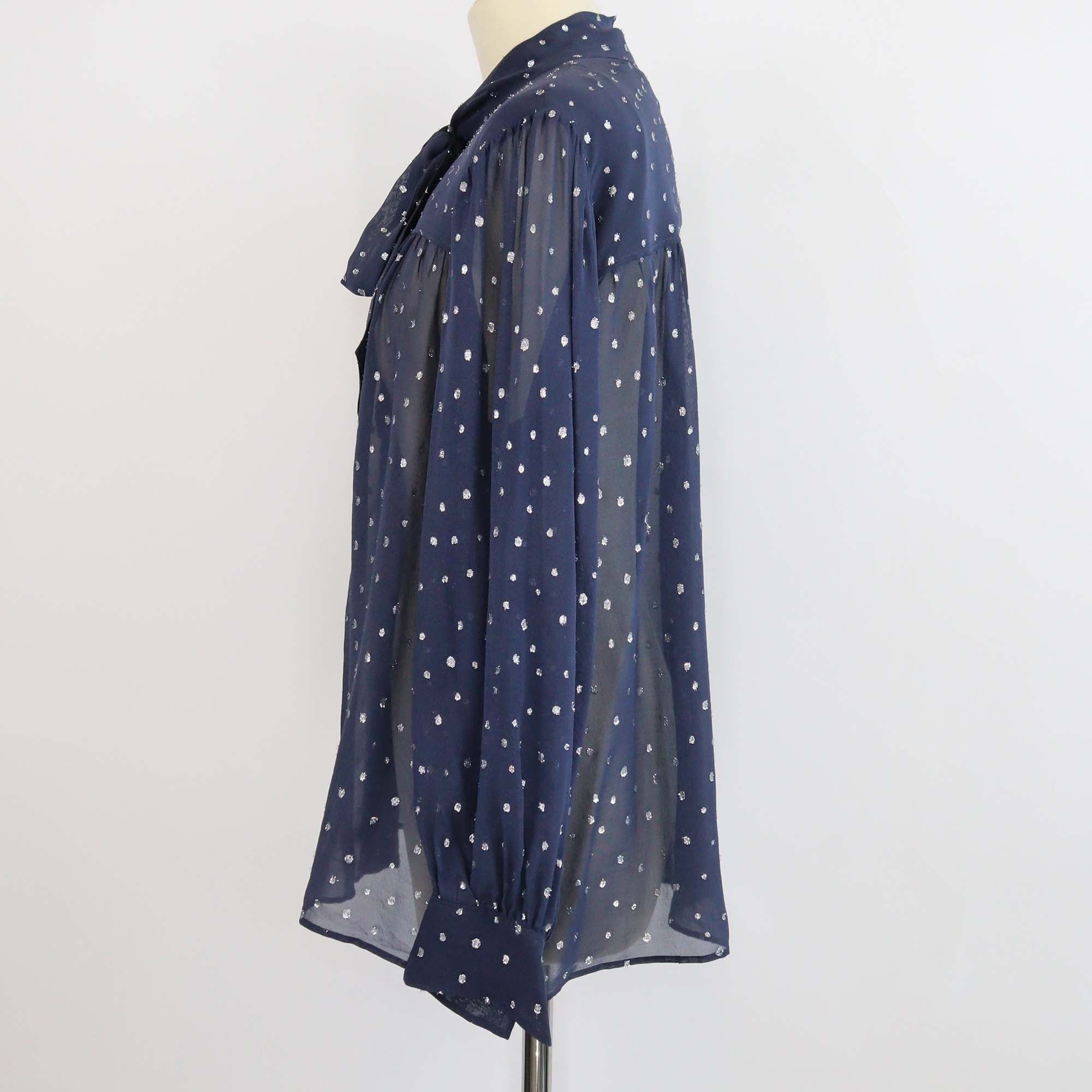 Chloe Navy Blue Silk Metallic Dot Jacquard Blouse