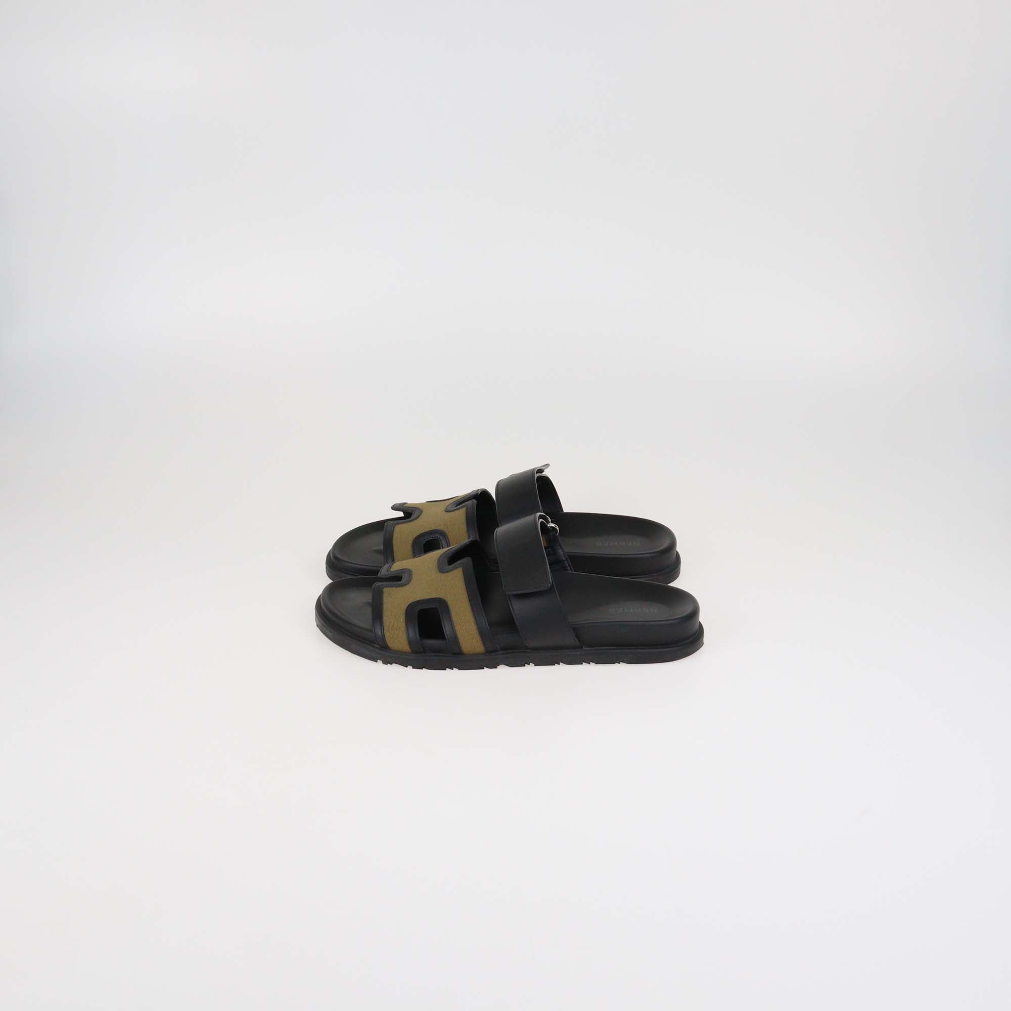 Hermes Brown/Black Canvas and Leather Chypre Sandals