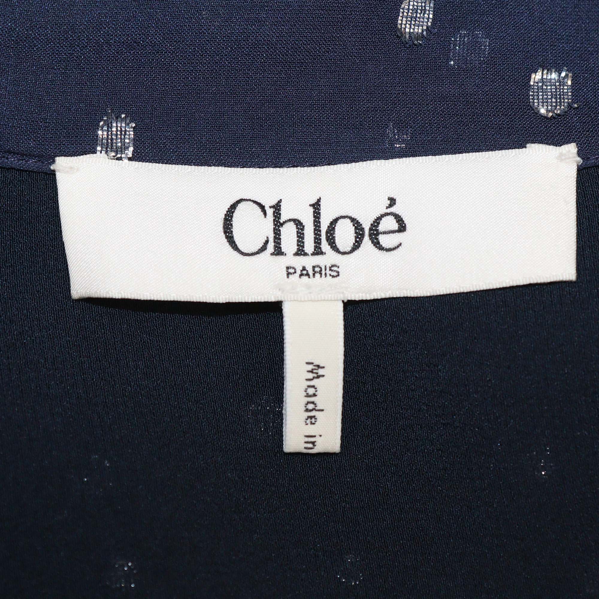 Chloe Navy Blue Silk Metallic Dot Jacquard Blouse