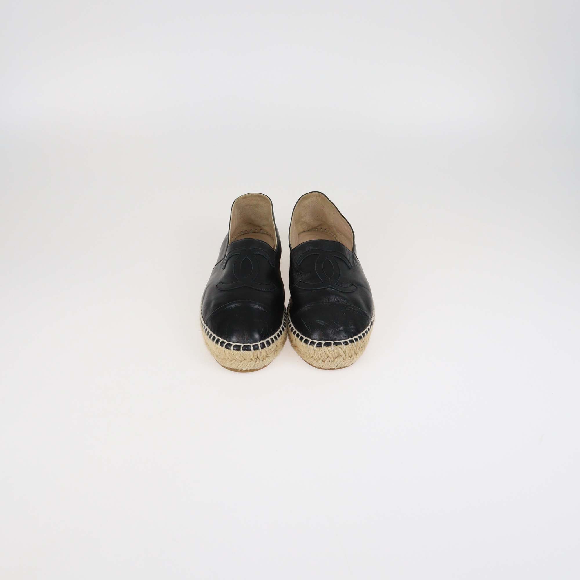 Chanel Black Leather CC Cap Toe Espadrille Flats