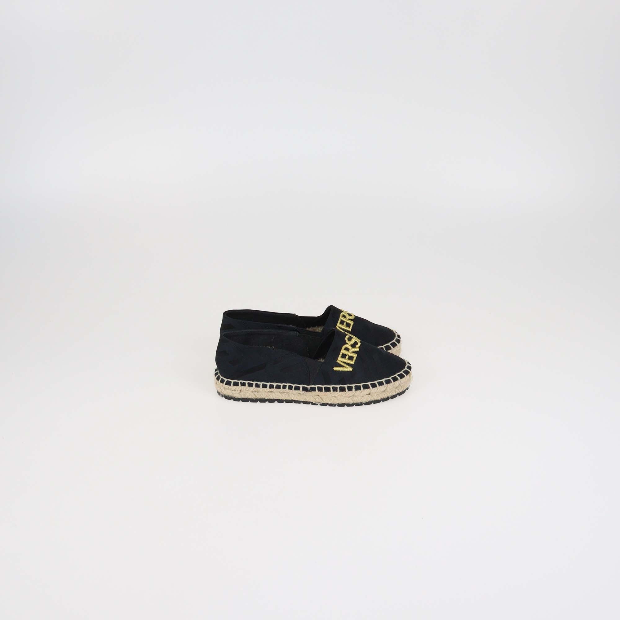 Versace Kids Black Nylon Logo Embroidered Espadrille Slip On Flats