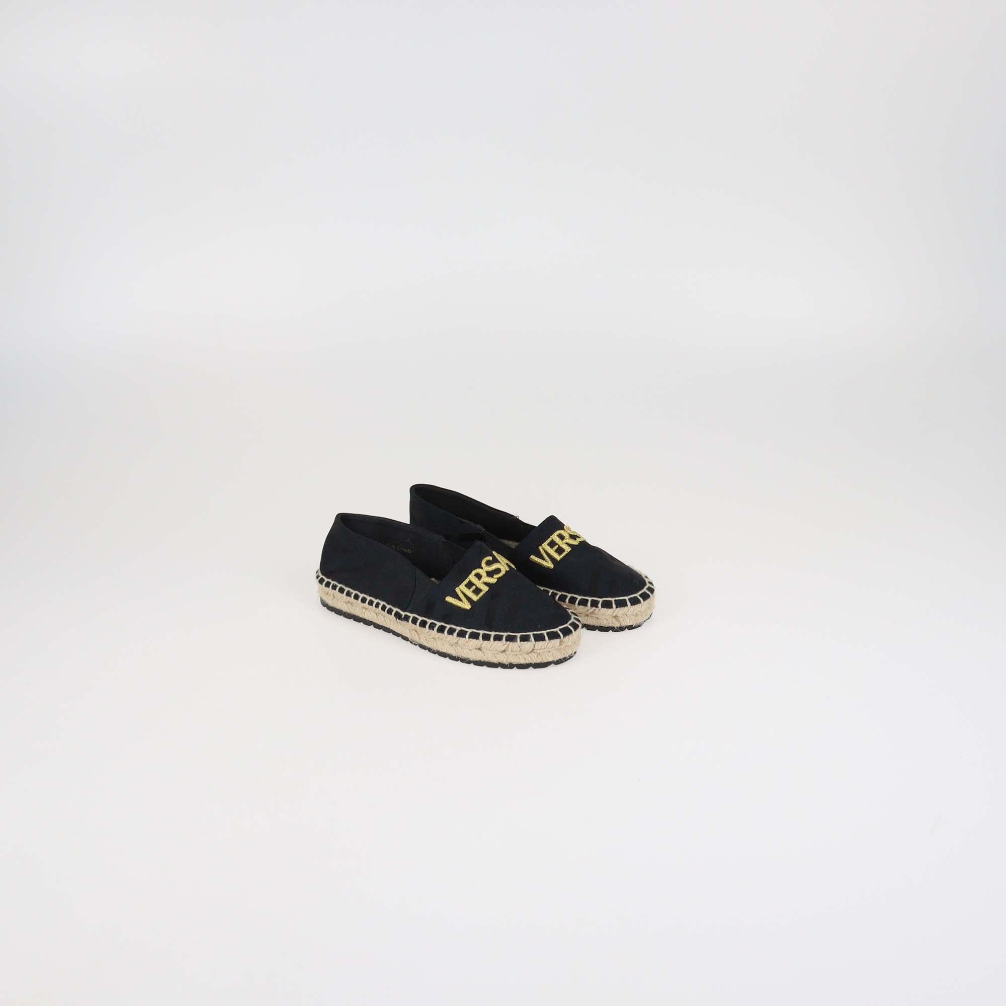 Versace Kids Black Nylon Logo Embroidered Espadrille Slip On Flats